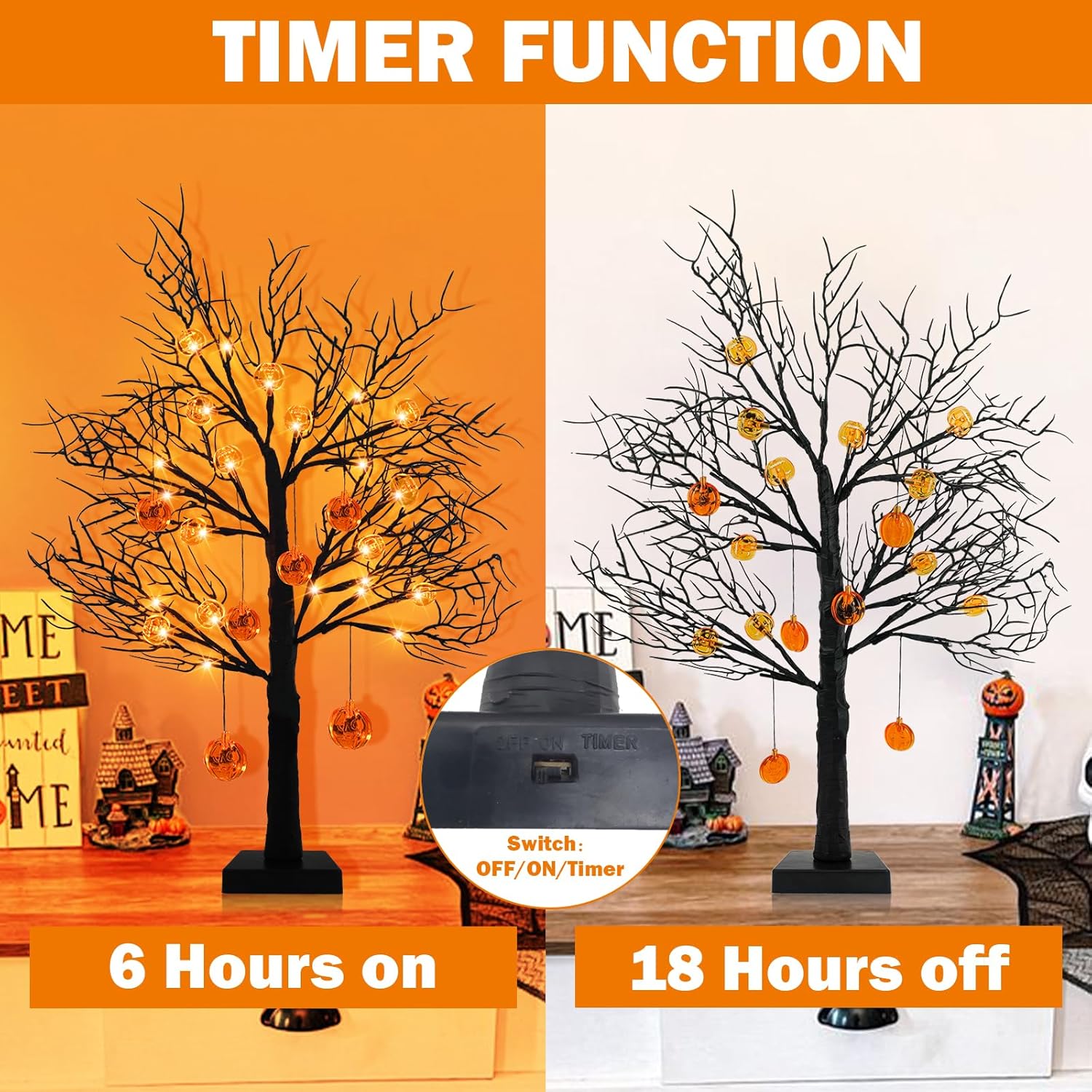 Paquete de 2 árboles negros de Halloween de 24 pulgadas con temporizador, árbol de mesa iluminado con pilas de 24 luces LED con 12 luces naranja