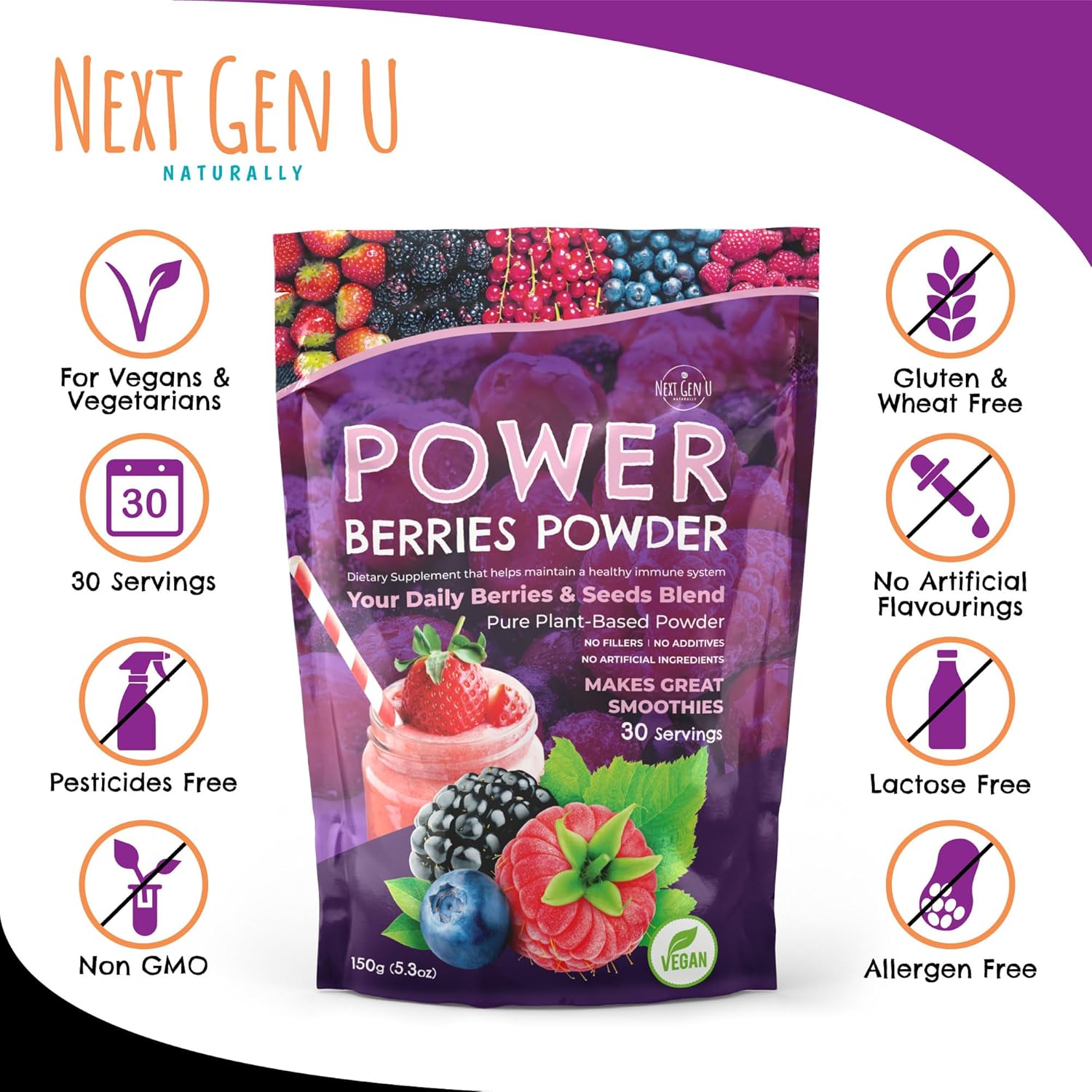 Next Gen U Super Berry Powder 5.29 oz, suplemento alimenticio de apoyo inmunológico, mezcla de batidos de bayas superalimentos para batidos,
