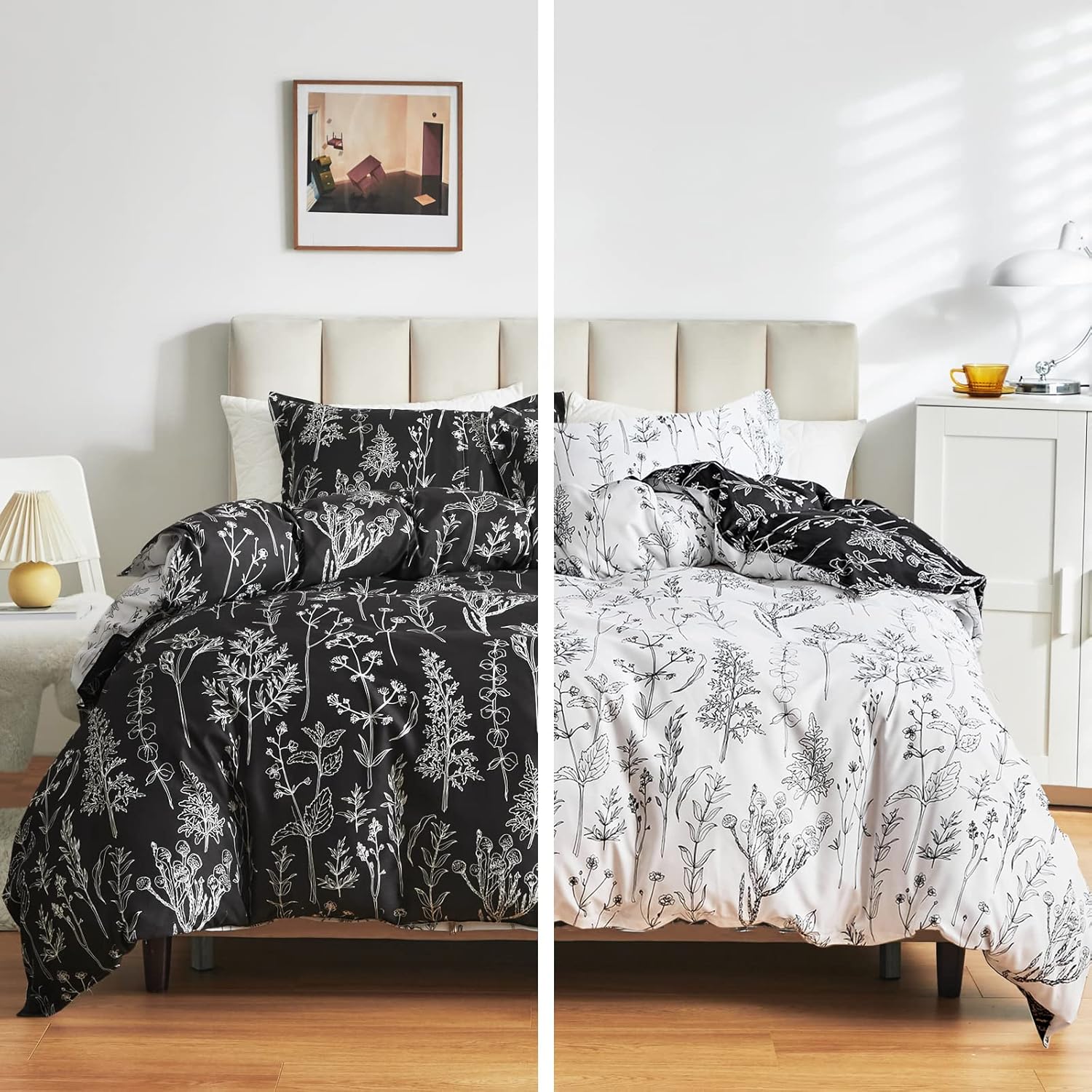 Joyreap Juego de cama de 7 piezas en una bolsa, juego de edredón botánico tamaño King para todas las estaciones, diseño reversible en blanco y