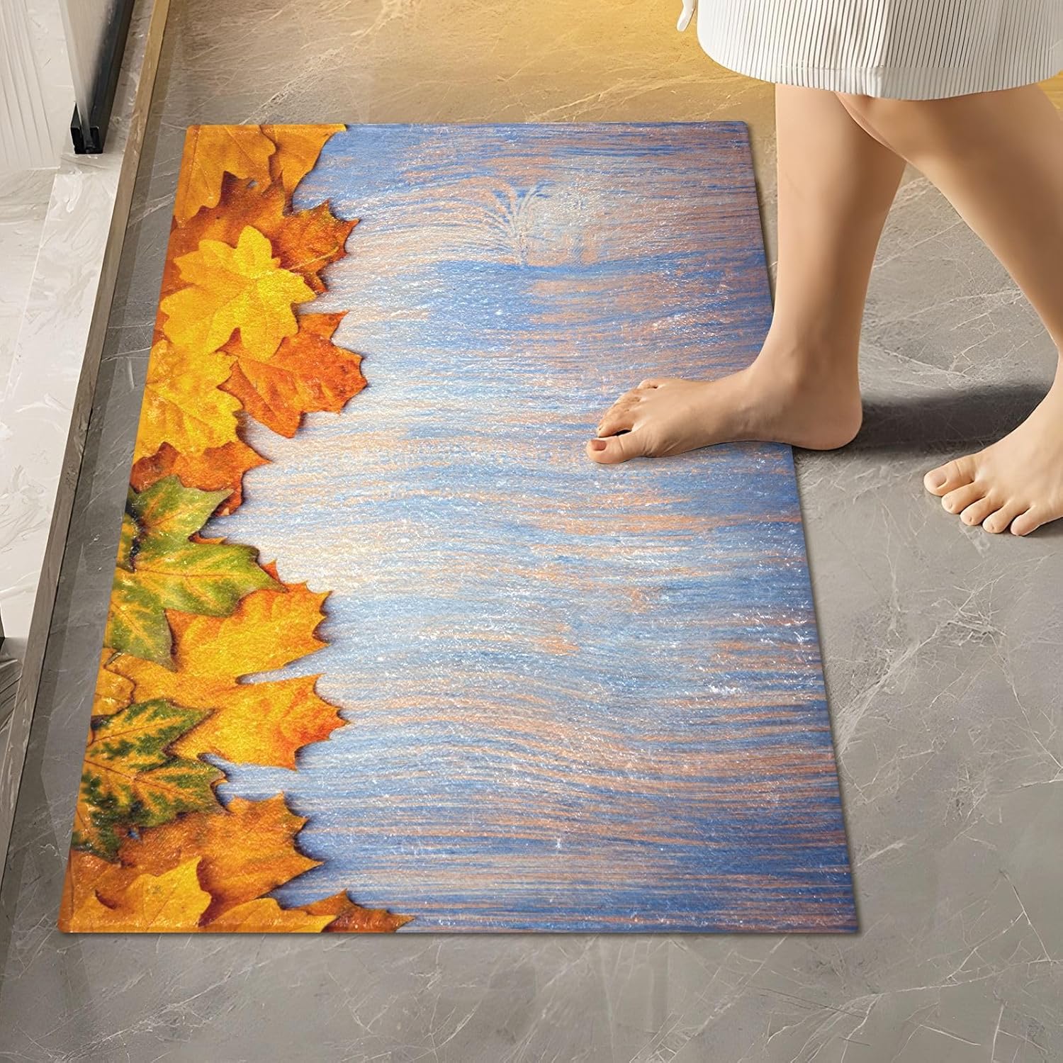 Bathroom Rugs Sets 2 Piece 24×16+24×20 Inch,Soft U-Shaped Contour Toilet Rug Yellow Maple Leaf Non-Slip Absorbent Bath Floor Mat Carpet Set Water