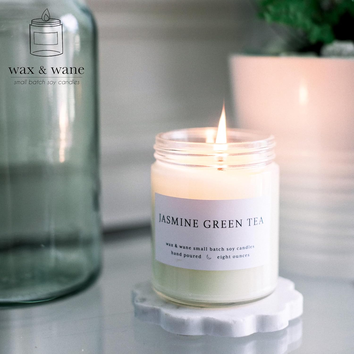 Wax & Wane Jasmine Green Tea Modern 8oz Handmade Candle For Men and Women – Long Burning 40+ Hours Candles For Home, Bedroom, and Bathroom – 100%