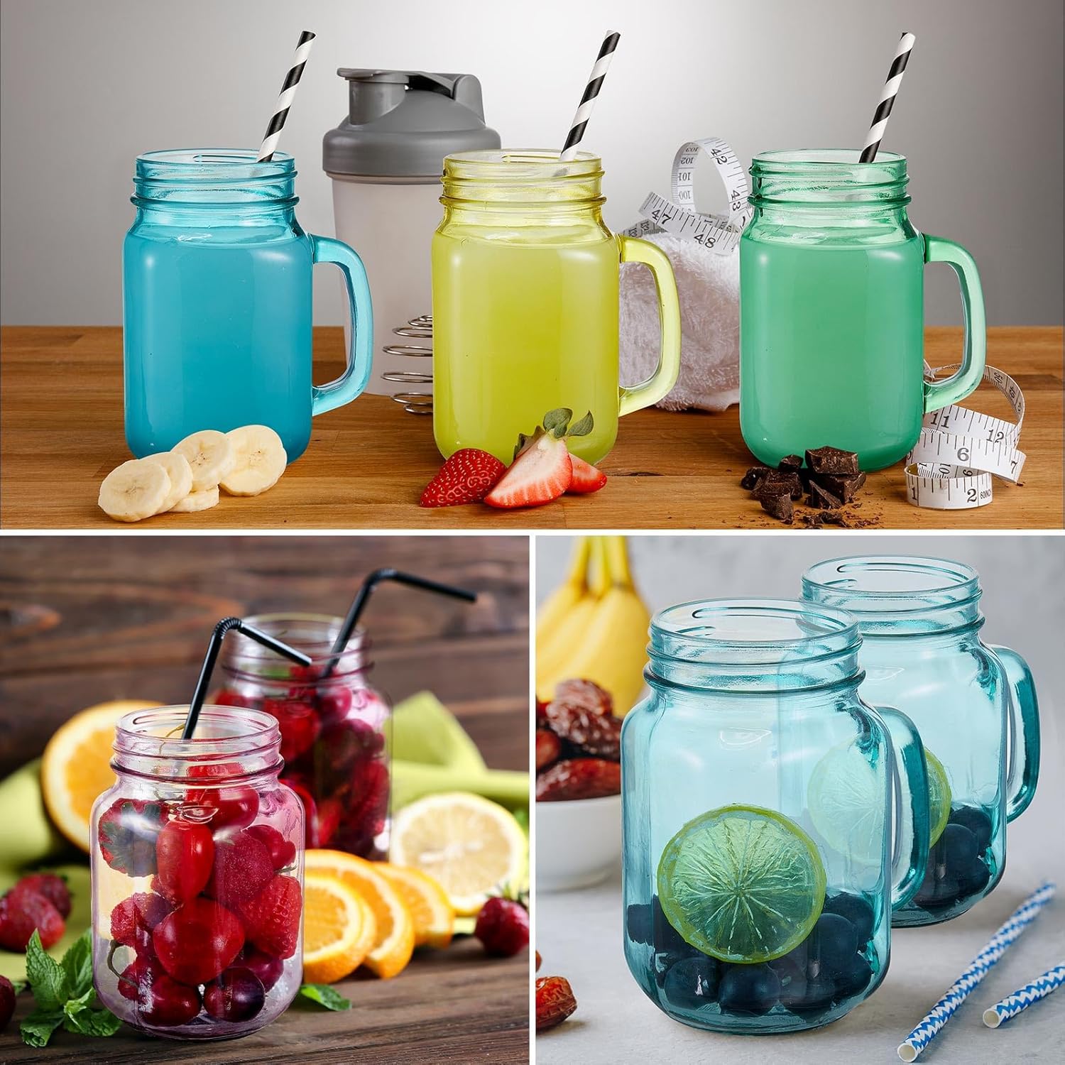 12 tarros Mason de colores de 16 onzas con asa, vasos para beber bebidas frías, decoración de almacenamiento, recuerdos de fiesta, cócteles, 6