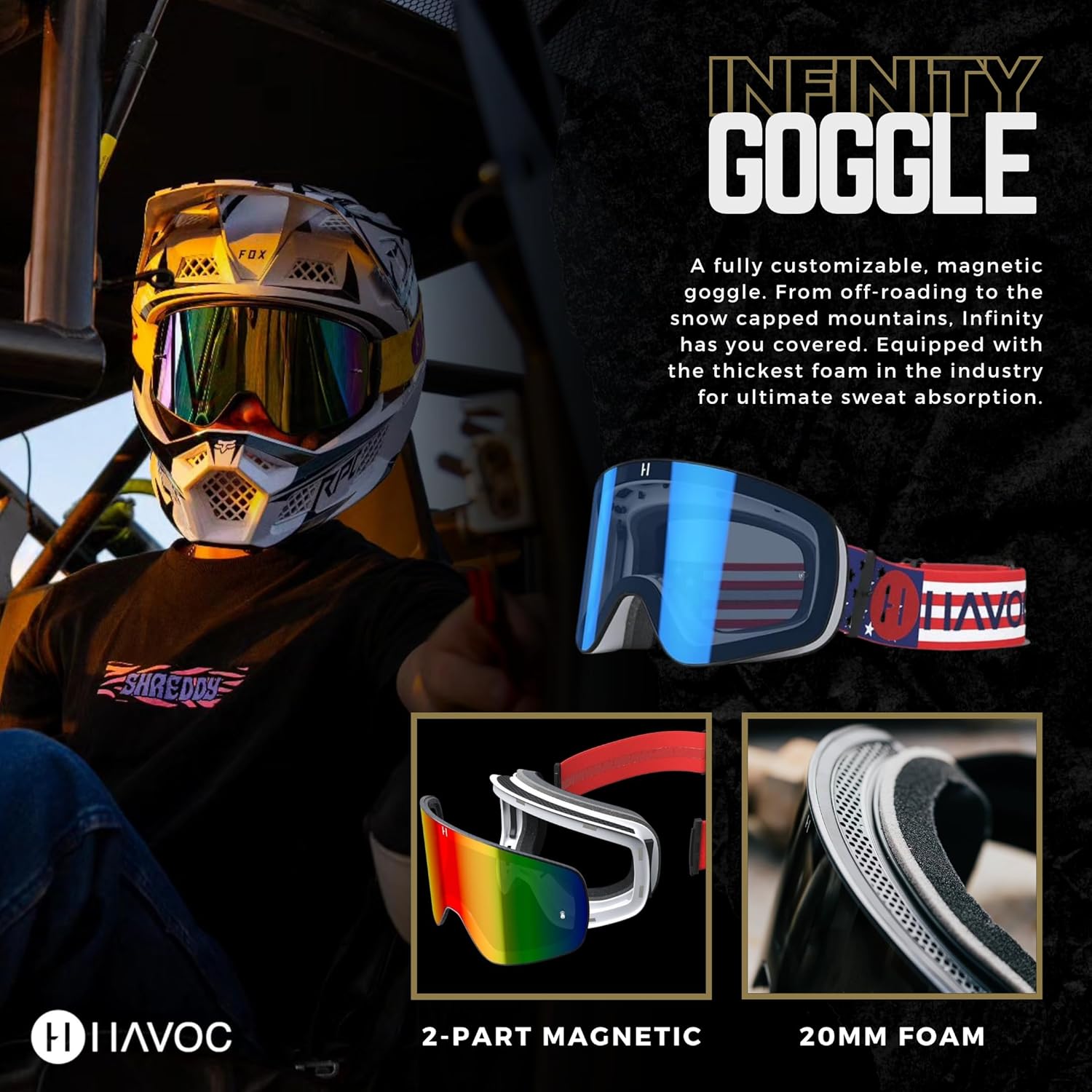 Havoc Racing Gafas magnéticas sin marco, para motocross, motocross, motocross, snowboard, ATV y UTV – Gafas antivaho con bloqueo UV