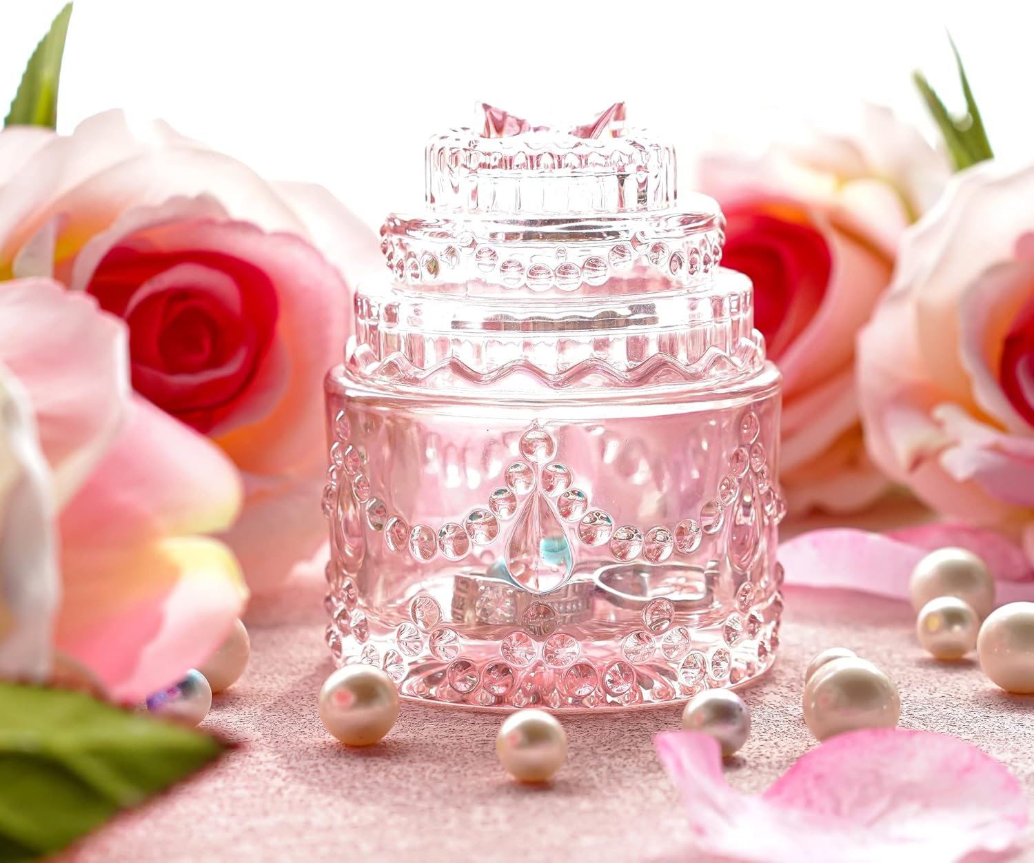 Platos de cristal decorativos para dulces, tarro de caramelo de cristal en forma de pastel rosa con tapas, cuenco para dulces con tapa, contenedor