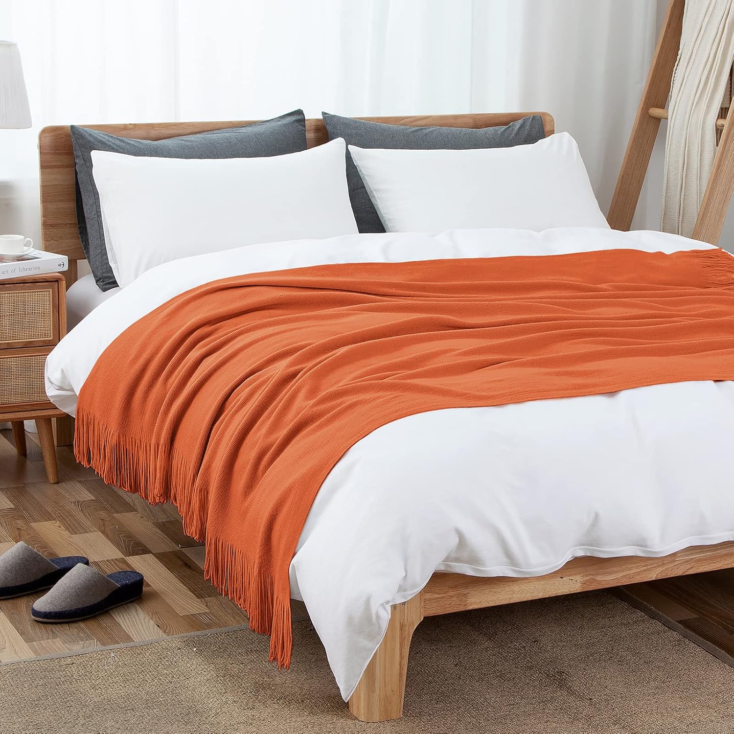 Vonty Manta de punto naranja óxido con borlas y flecos, 50 x 60 pulgadas, manta de punto súper suave, manta ligera decorativa de granja para sofá,