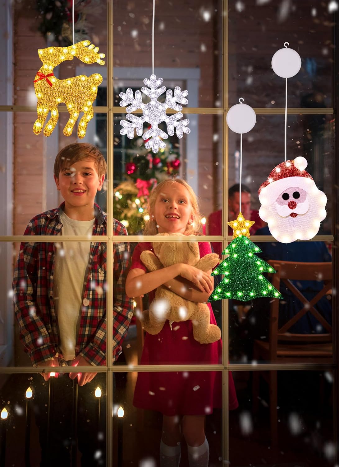Luces de ventana de Navidad, 4 piezas de silueta de ventana de Navidad, letrero iluminado, funciona con pilas, luces de fondo con gancho de ventosa