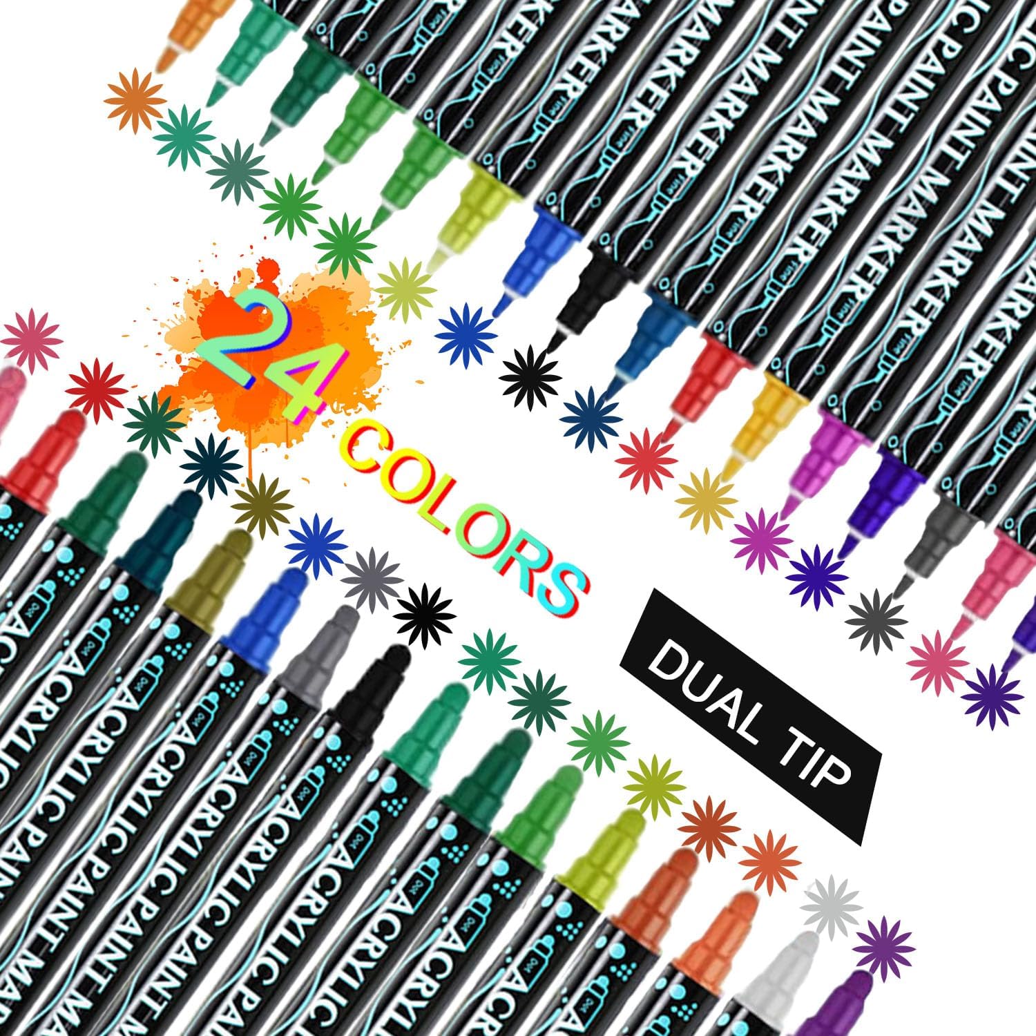 HTUTWOO Marcadores acrílicos a base de agua de doble punta, 24 colores, puntas finas y anchas, lienzo, madera, vidrio, metal, tela, papel