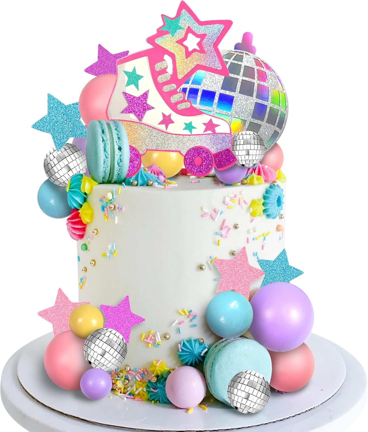 Decoración para tartas de patinaje sobre ruedas, bola de disco, decoración de pasteles de bolas pastel para niñas de los años 80 y 90, patinaje, hip