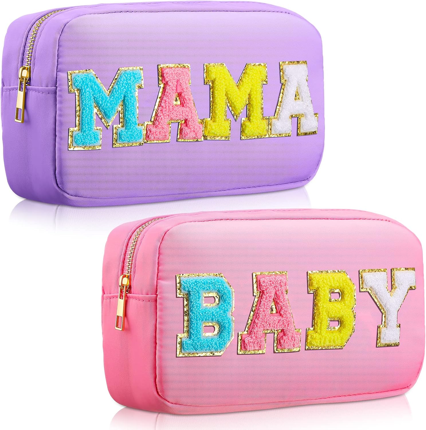 Sanwuta Bolsa de cosméticos de nailon, bolsa de maquillaje con letras de chenilla, bolsa de maquillaje con cremallera, bolsa de artículos de tocador