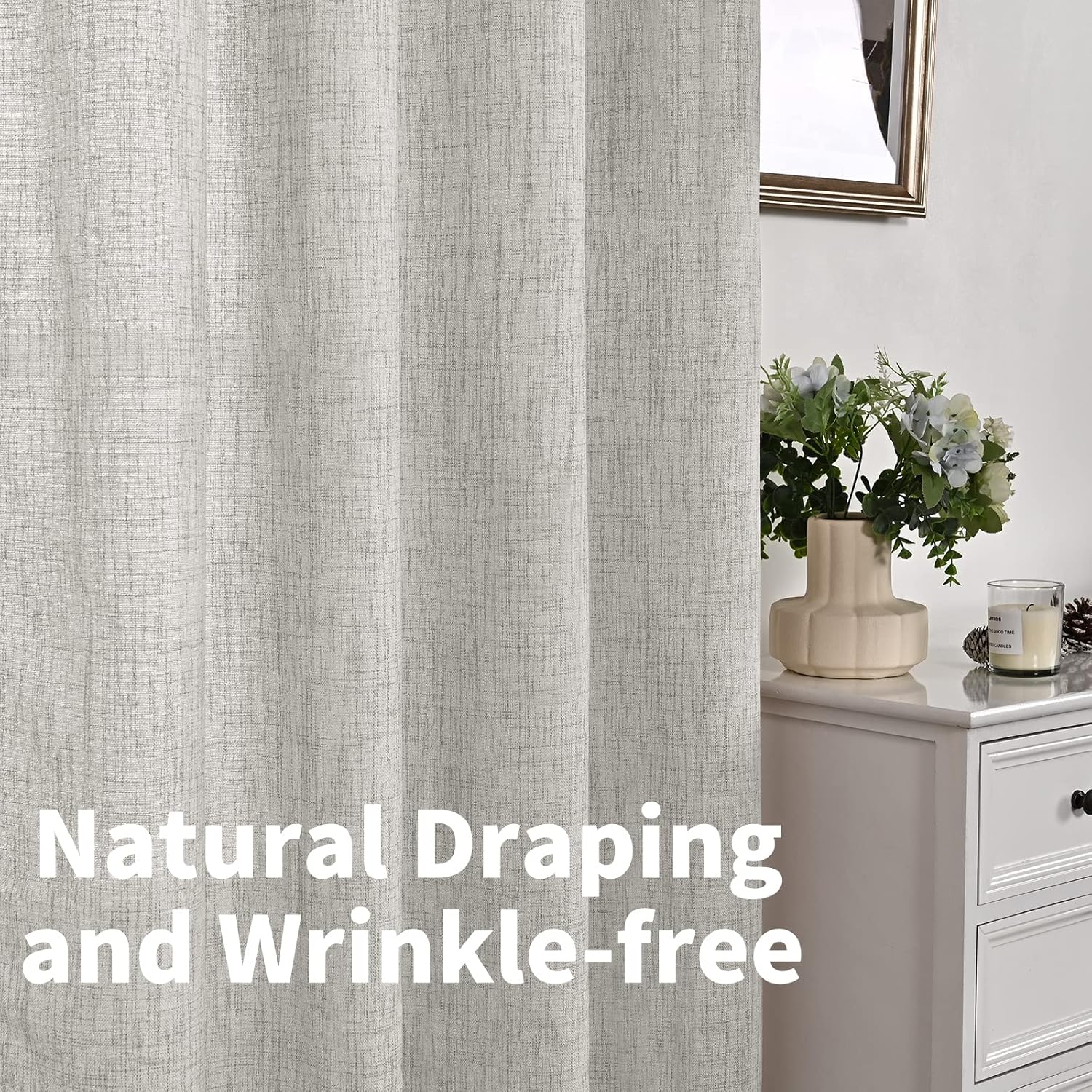 YoungsTex Cortinas de lino de 63 pulgadas de largo para sala de estar corta, cortinas de lino gris claro con ojales de bronce, cortinas de ventana
