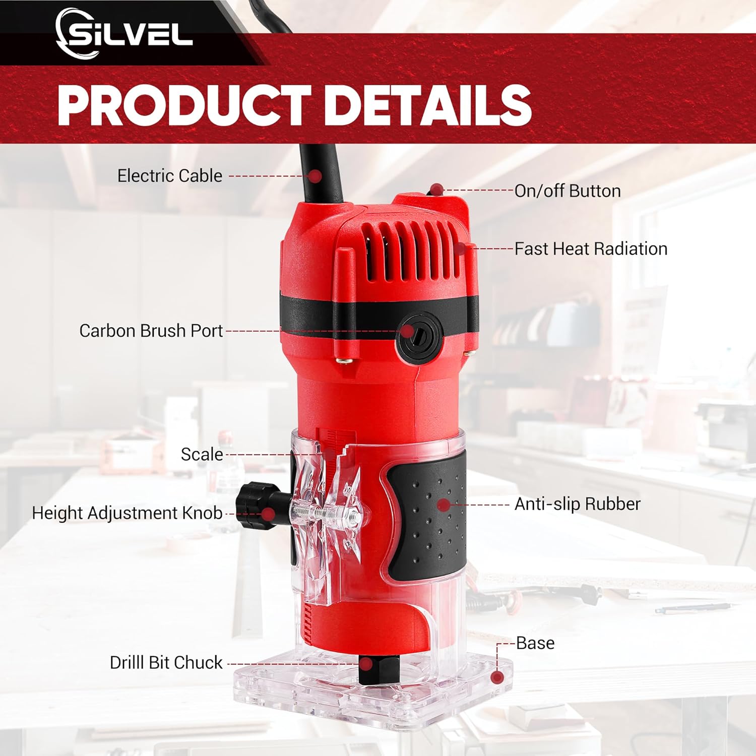 SILVEL Enrutador de madera, enrutador de madera de 800 W para carpintería, herramienta de enrutador de madera manual de 6.5 amperios 1.25 HP,