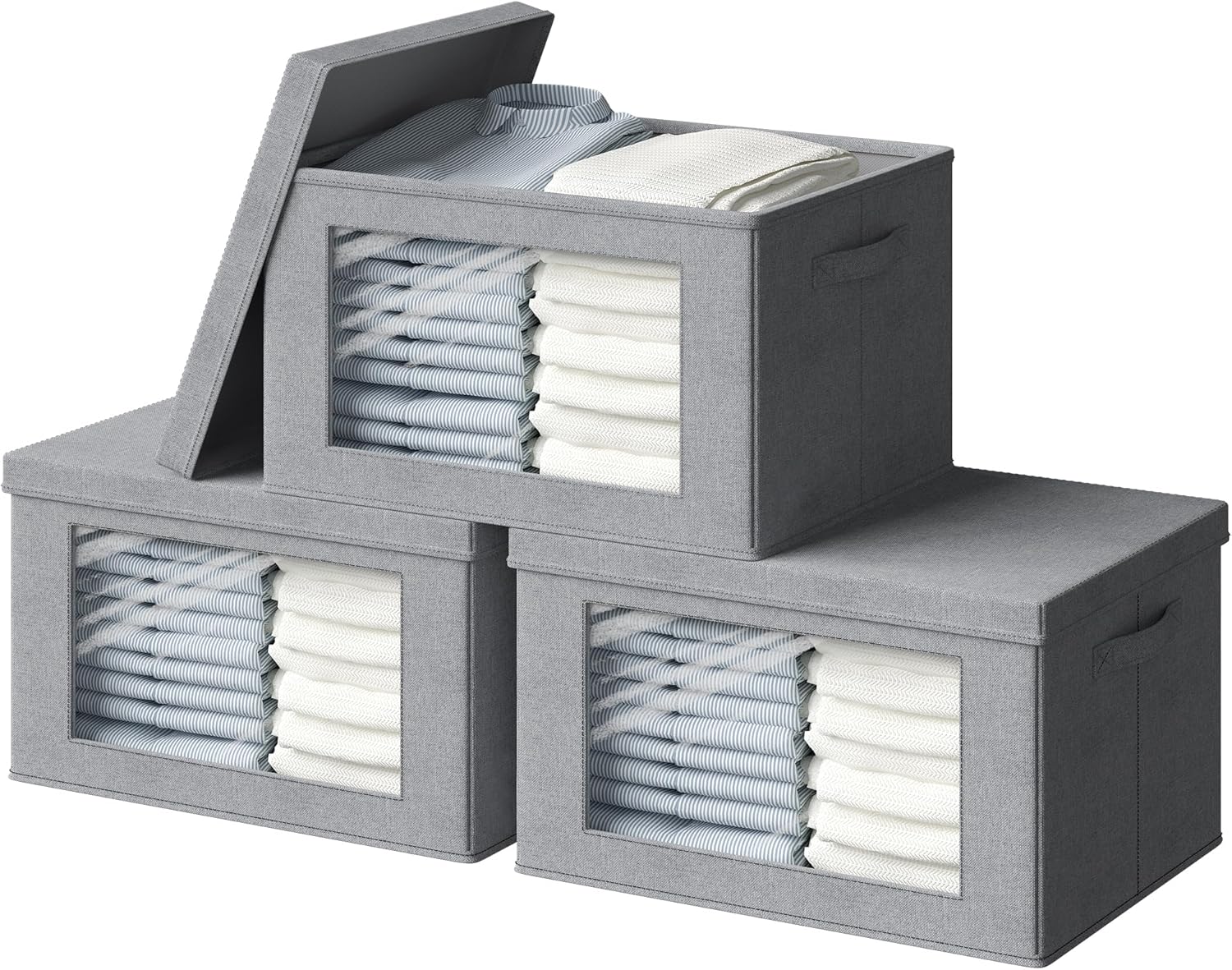 Contenedores de almacenamiento con tapas, cajas de almacenamiento de tela transparente para ventana, cestas de almacenamiento plegables con asas,
