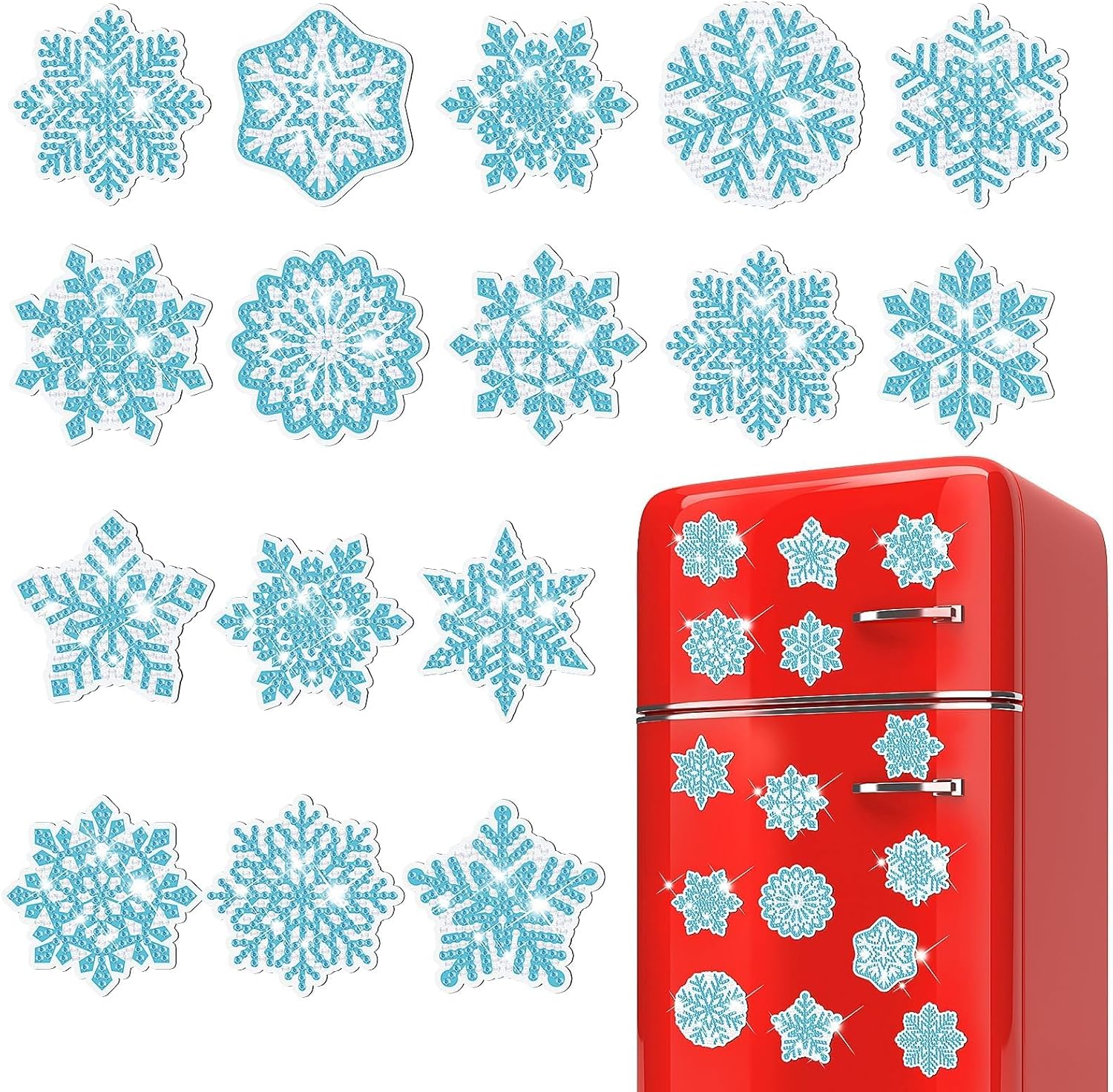 16 piezas de Navidad Wniter copo de nieve pintura de diamante imán de nevera de copo de nieve imán de nevera DIY pintura de diamante kit de arte de