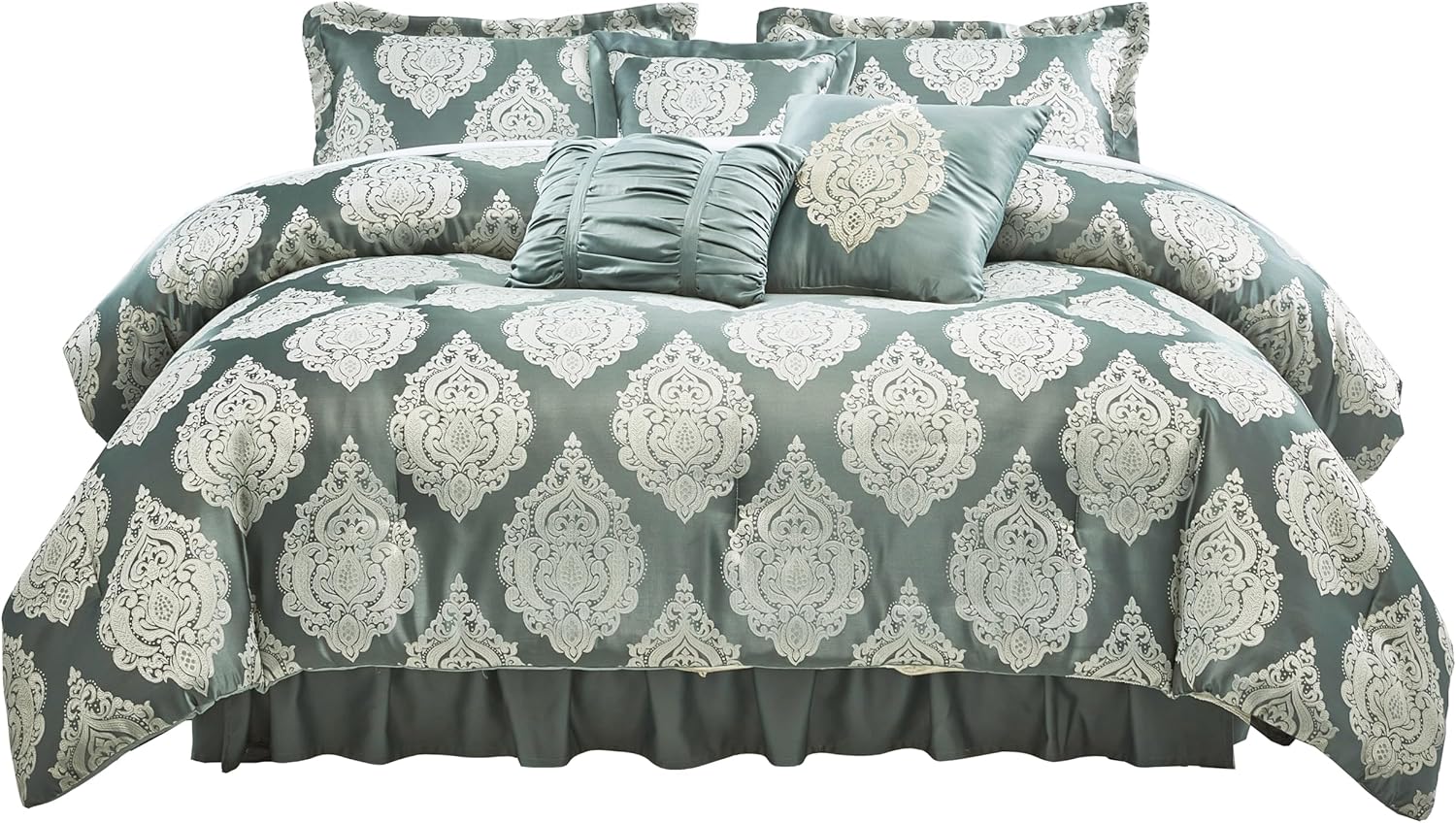 Trinity – Juego de edredón de lujo de 7 piezas, edredón tradicional de medallón jacquard gris y verde con cojines decorativos y fundas de almohada,