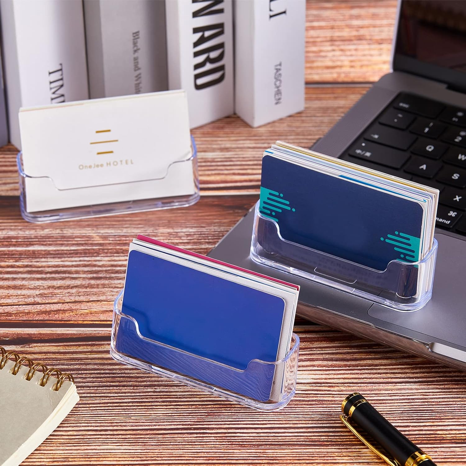 Thenshop Paquete de 64 soportes para tarjetas de visita de escritorio, soporte de acrílico para tarjetas de visita transparente, soporte para