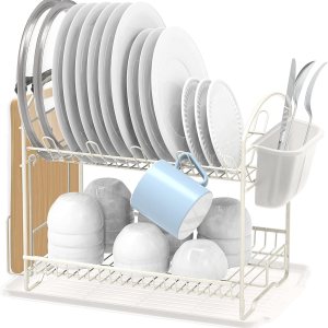 Simple Houseware Escurridor de platos de 2 niveles con escurridor, color blanco Simple Houseware Escurridor de platos de 2 niveles con escurridor, color blanco