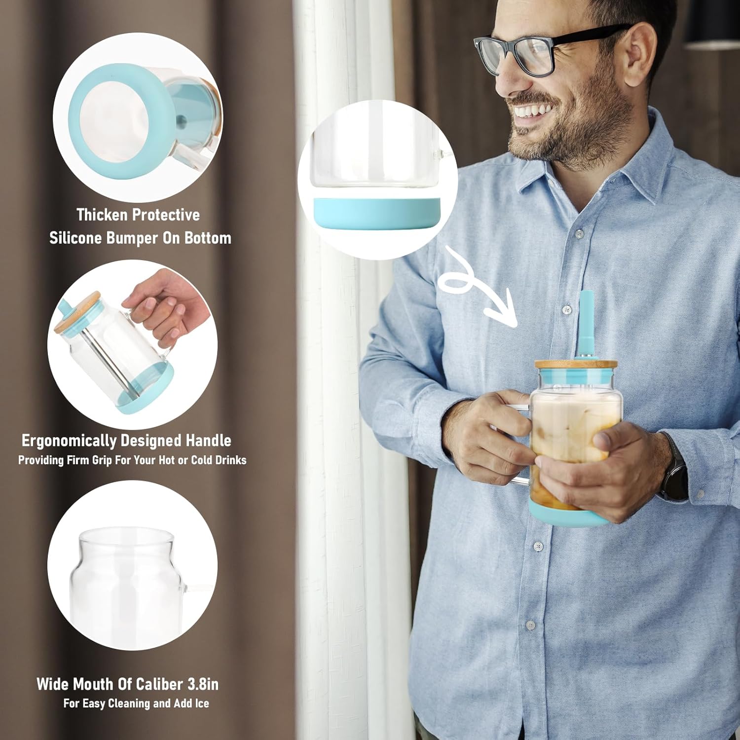 Tronco Vaso de vidrio de 22 onzas con asa, botellas de agua de vidrio con tapa de silicona y popote, taza de café helado reutilizable, café helado