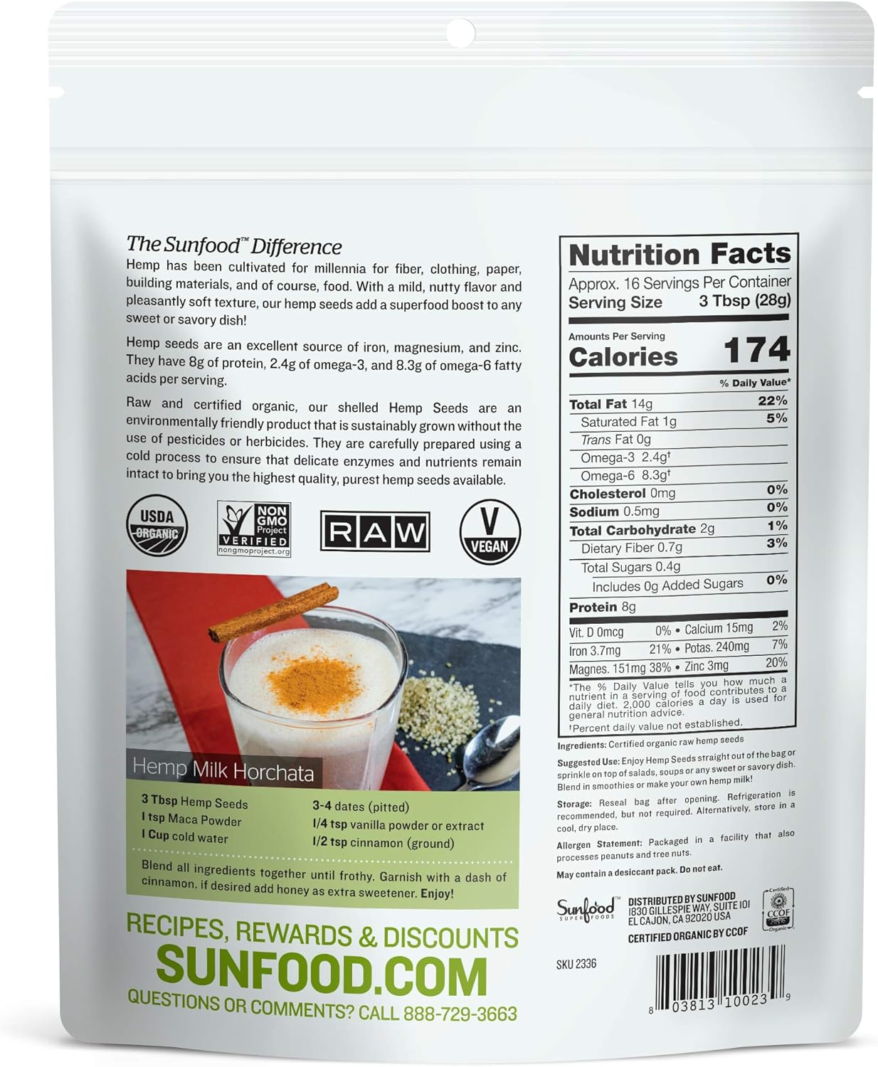 Sunfood Superfoods Semillas de cáñamo sin cáscara. Crudas, orgánicas, sin OMG. Valor a granel. Ricas en proteínas, aminoácidos, grasas vegetales