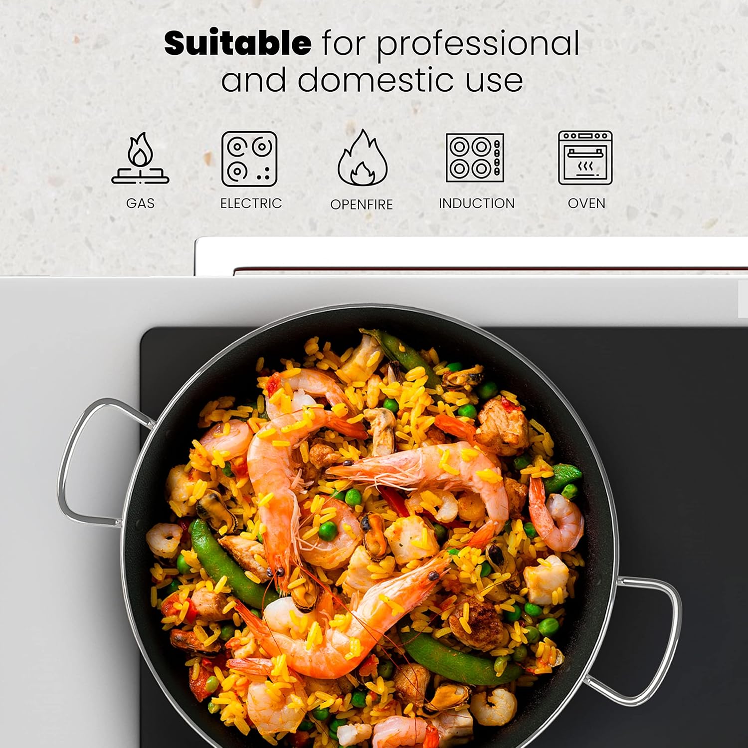 Machika Sartén de acero inoxidable con superficie antiadherente  Sartén grande perfecta para preparar comida mediterránea  Fondo de sándwich  14