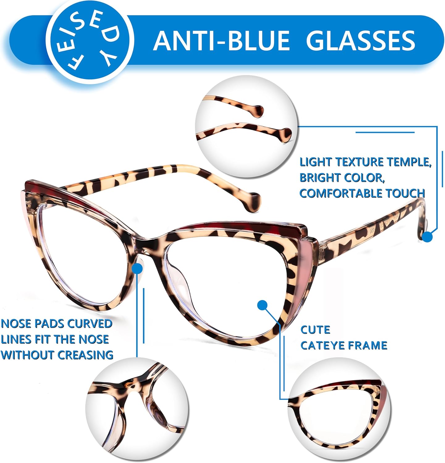 FEISEDY Gafas de bloqueo de luz azul ojo de gato falso nerd transparente gafas de computadora TR marco de moda B0040