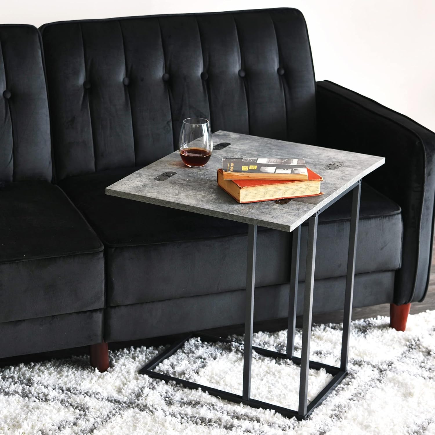 Household Essentials Jamestown – Mesa auxiliar extensible en forma de C para accesibilidad, hormigón de pizarra rústica y metal negro, 19 pulgadas