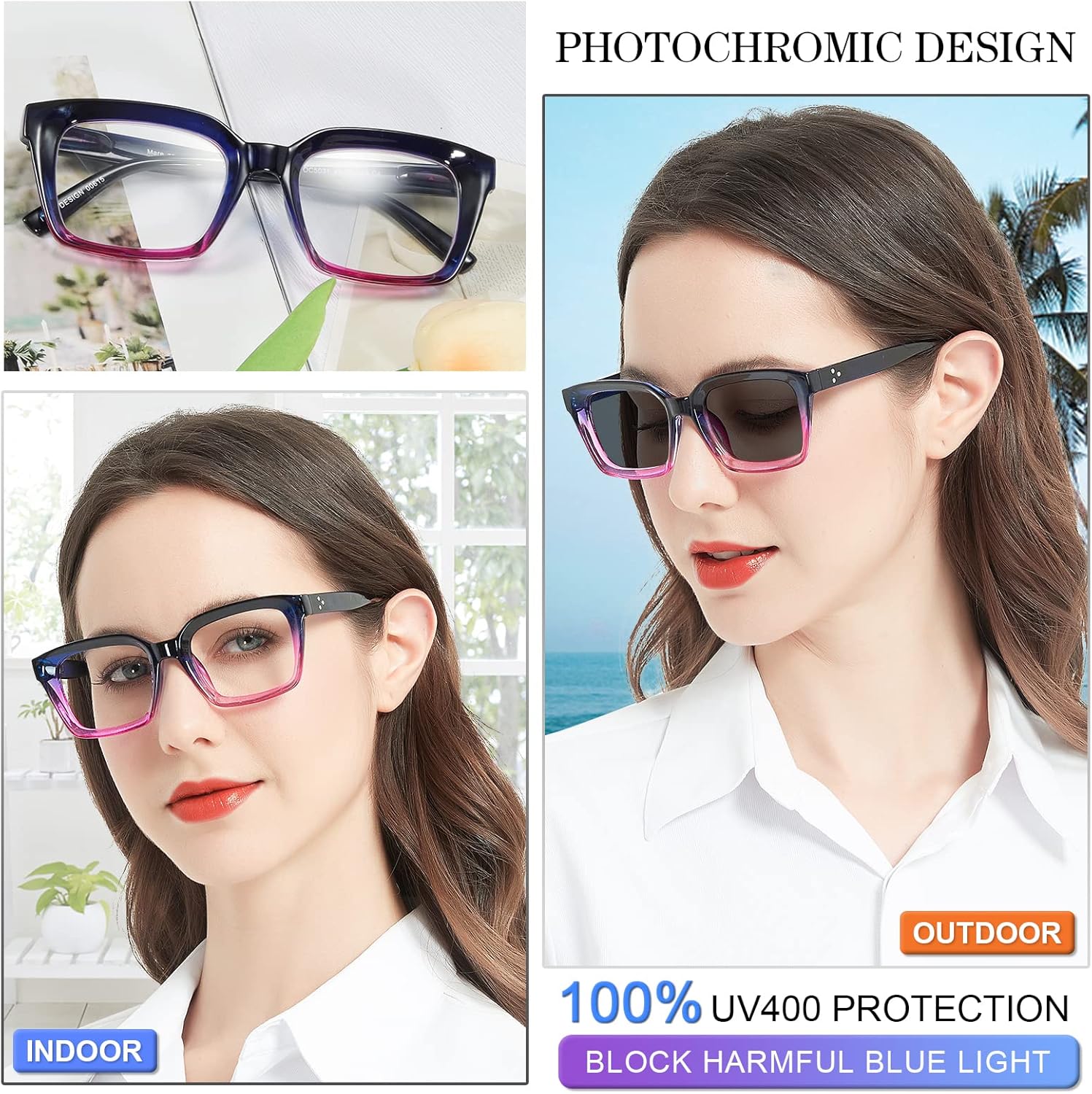 MARE AZZURO Gafas de lectura fotocrómicas para mujer, con bloqueo de luz azul, lectores de gran tamaño, 1.0, 1.5, 2.0, 2.5, 3.0, 3.5, 4.0,