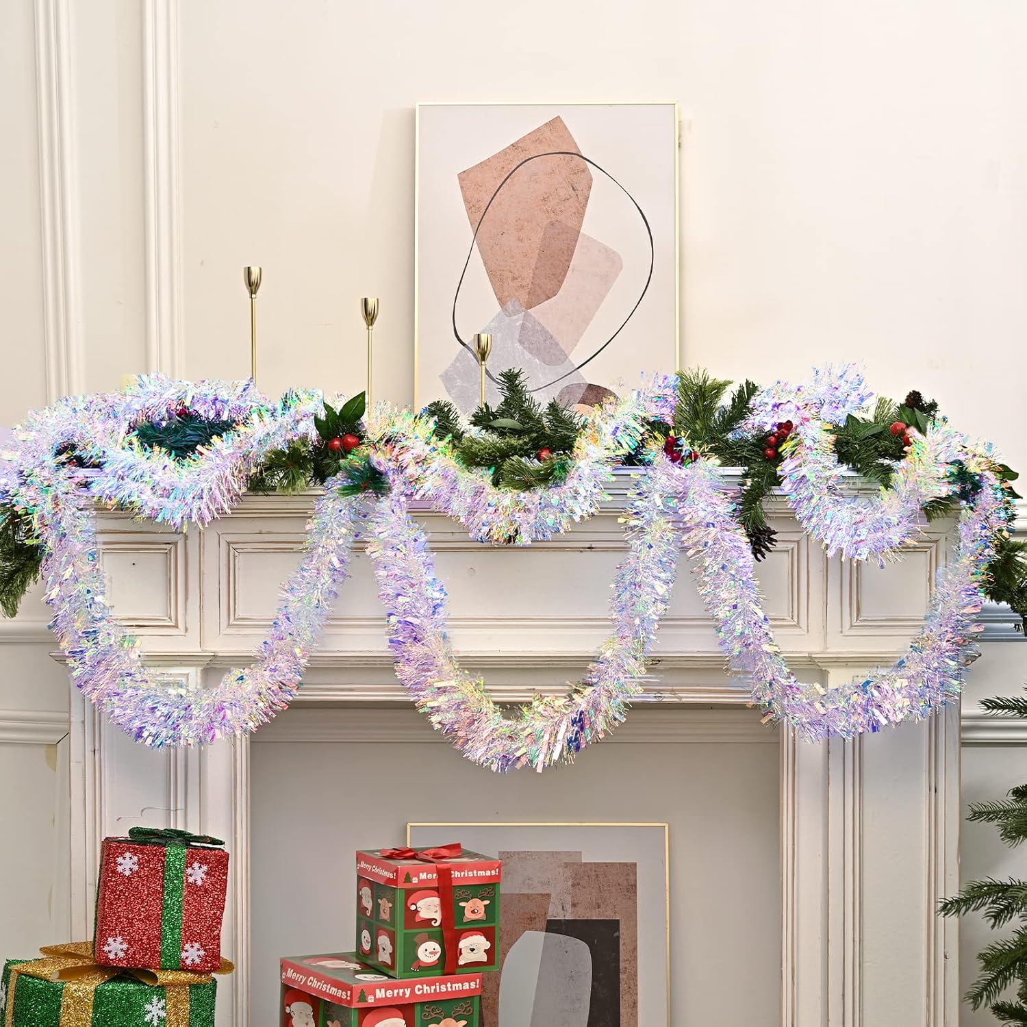 Guirnalda de oropel de Navidad de 20 pies  19.7 ft, guirnalda colgante metálica iridiscente para árbol de Navidad, chimenea, chimenea, decoración