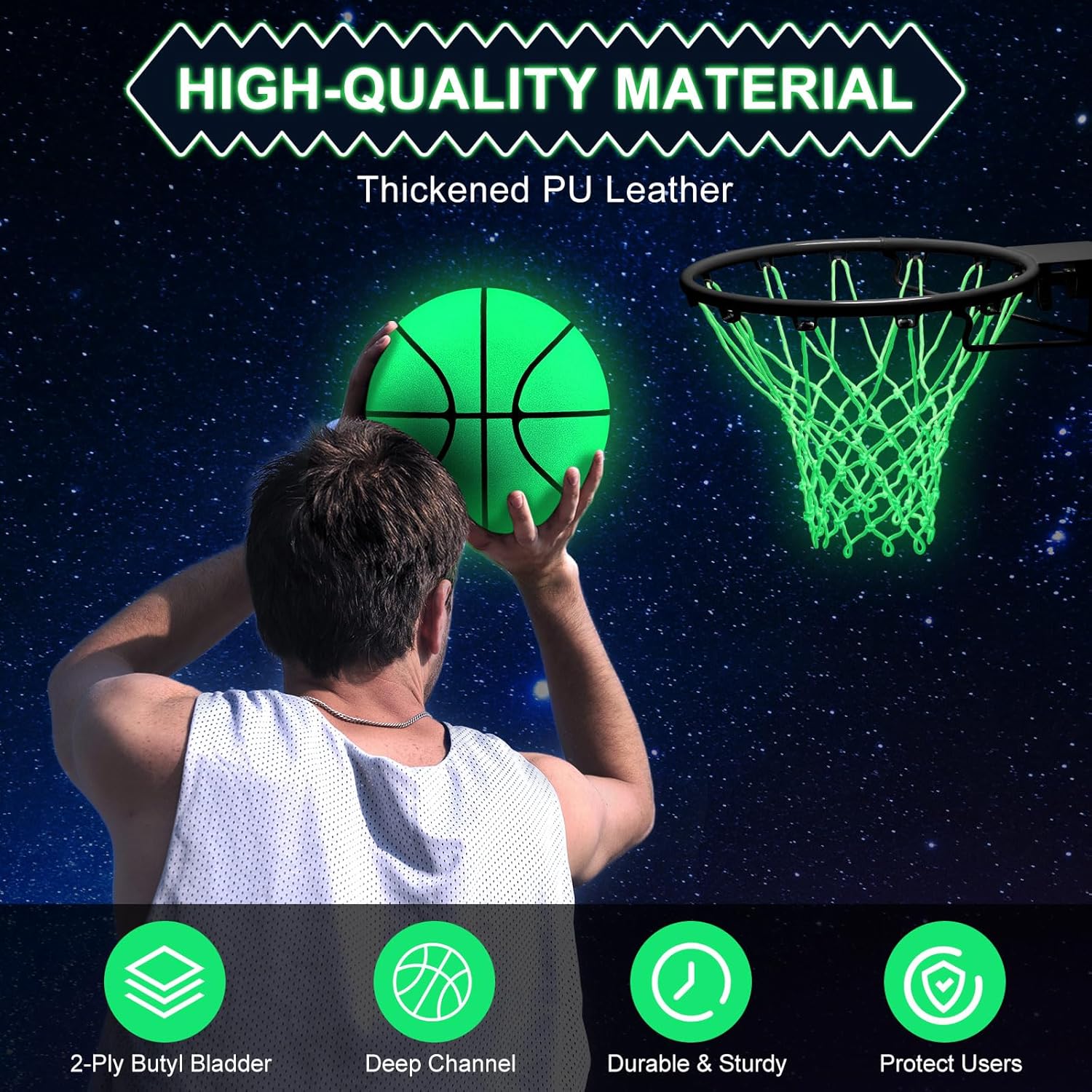 3 Pcs Glow in The Dark Basketball Set, Includes Size 7 Glowing Basketball Light up Nightlight Net with Pump for Hoop Luminous Sports Gift for Kids