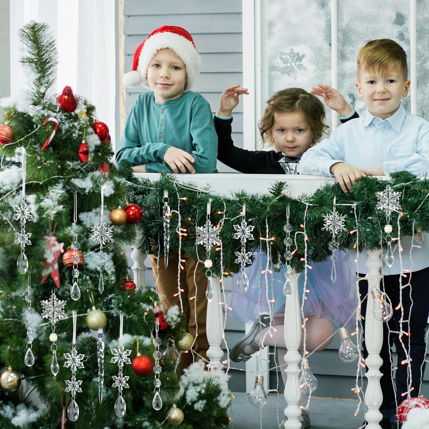 Soaoo 36 adornos de Navidad de cristal para decoración de árbol de Navidad, carámbano acrílico de copo de nieve con colgantes de gota, decoración de