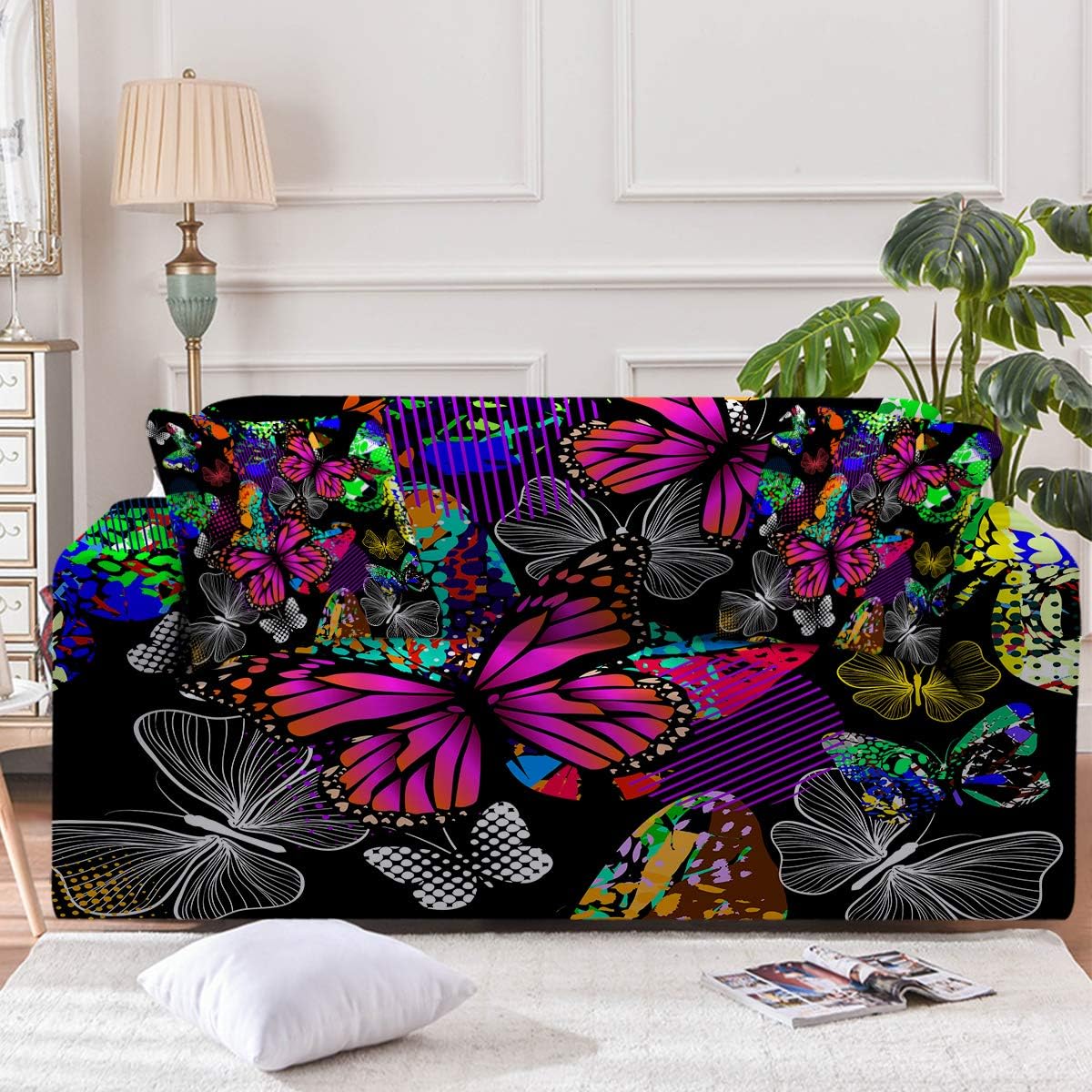 Sleepwish Flying Butterflies – Fundas elásticas para sofá de 3 cojines, funda de sofá biplaza o sillón para niñas, funda de cojín con 2 fundas de