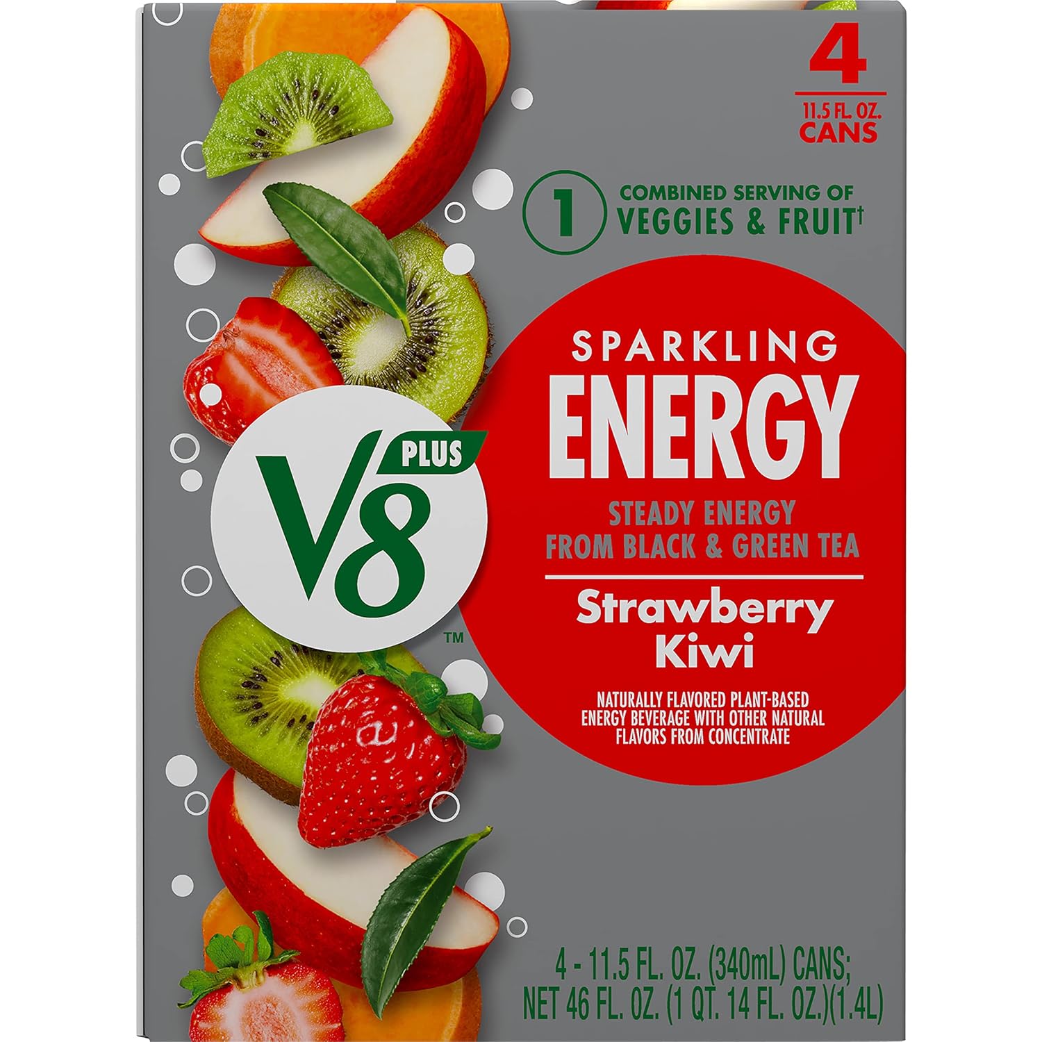 V8 SPARKLING +ENERGY – Bebida energética de fresa y kiwi, lata de 11.5 onzas líquidas (paquete de 4)
