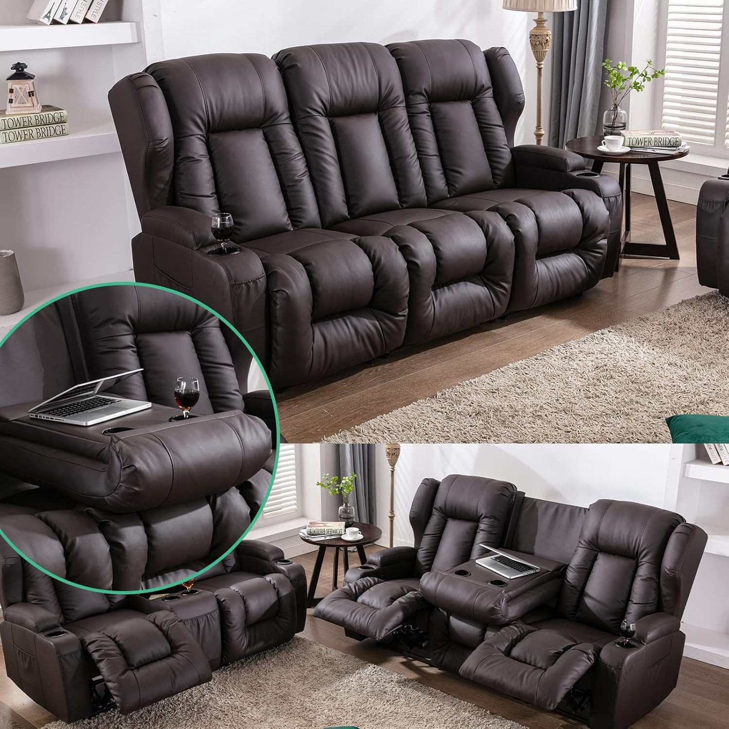 SAMERY Sofá reclinable de 76.7 pulgadas, sofá biplaza reclinable doble con consola, asiento reclinable manual de cine en casa, juego de sofá de 23