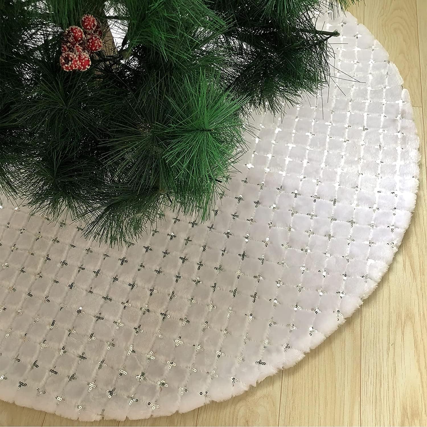 DegGod Faldas de árbol de Navidad blancas como la nieve con lentejuelas plateadas, 30 pulgadas de piel sintética de felpa para árbol de Navidad,