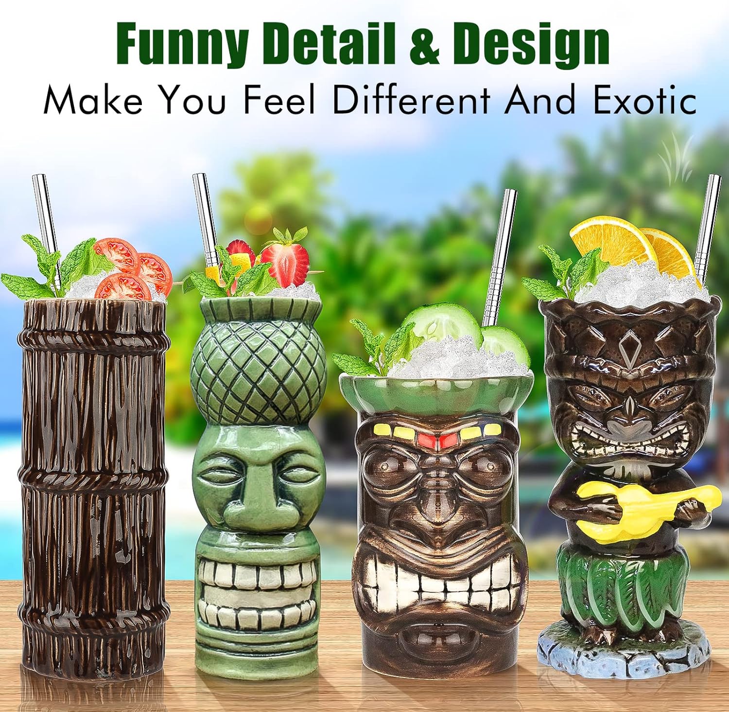SuproBarware Tiki – Juego de 4 tazas de cerámica tropical, taza de cóctel hawaiano (juego de 4 piezas)