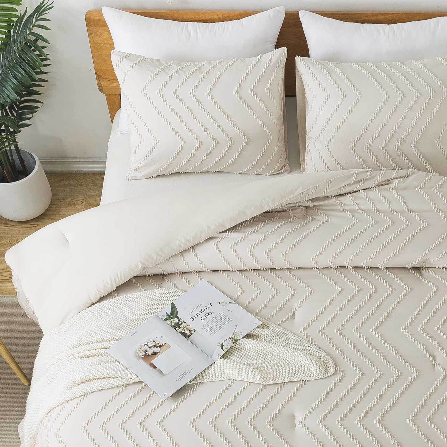 Litanika Juego de edredón de tamaño matrimonial, color beige, bohemio, ligero, esponjoso, juego de ropa de cama para cama, juego de cama de 3 piezas