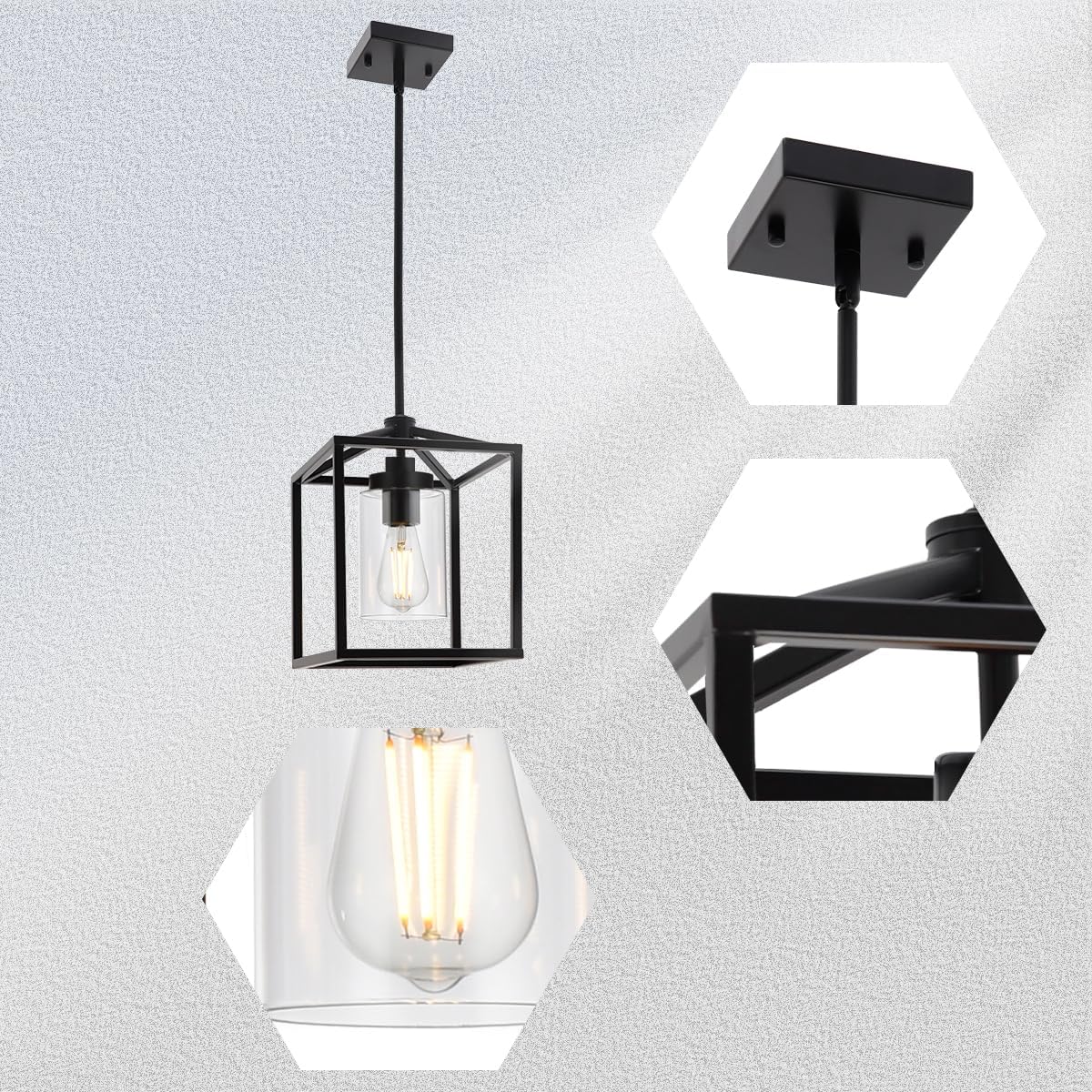 Lámpara colgante de 1 luz, iluminación colgante negra para isla de cocina con pantalla de vidrio transparente, lámpara colgante de granja de montaje
