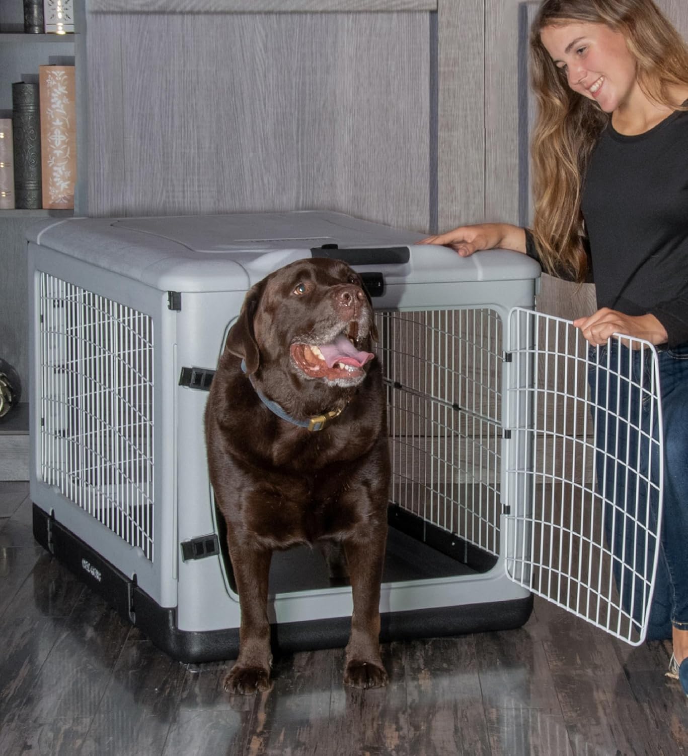 Pet Gear “The Other Door” – Caja de acero de 4 puertas para perrosgatos con bandeja extraíble, gris esencial, 42 pulgadas