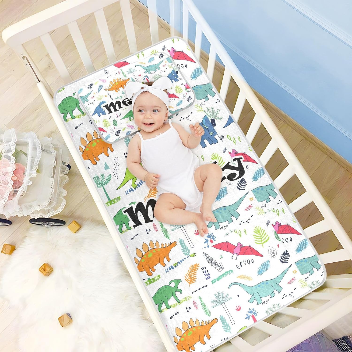 Custom Dinosaurs Crib Mattress Protector Pad for Boys Girls Baby Ice Silk Mat Bed Mini Crib Mattres Pad Cover Cooling Mattress Topper Play Mat, 52″