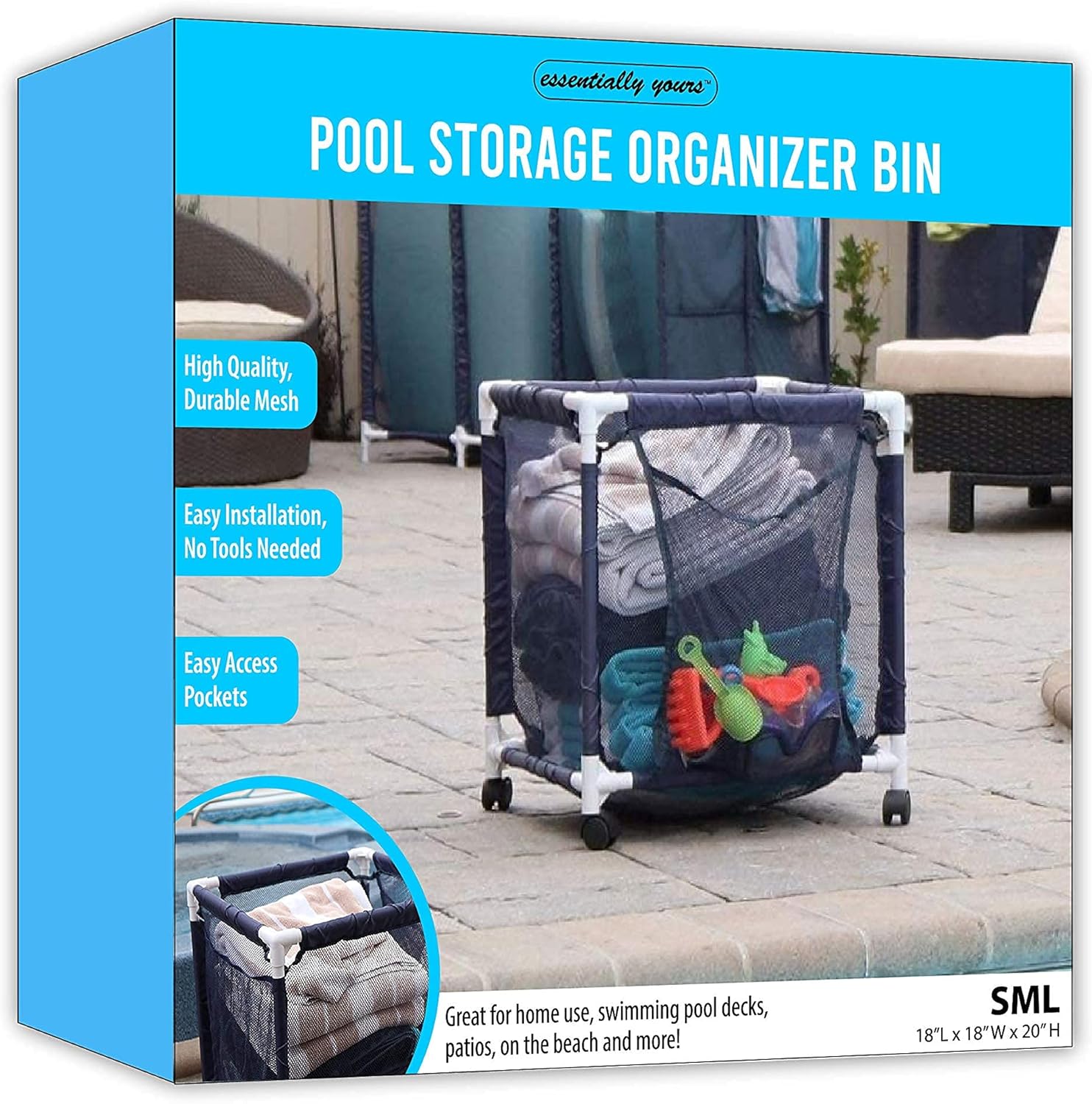 Essentially Yours Cubo organizador pequeño con ruedas para piscina, (18 pulgadas de ancho x 18 pulgadas de largo x 20 pulgadas de alto), estilo