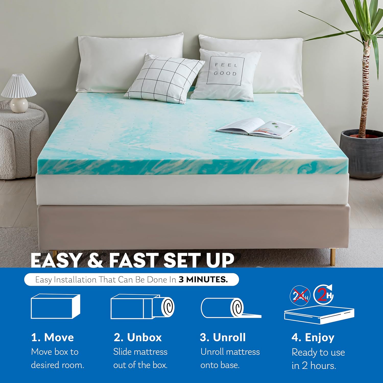 Colchón de espuma viscoelástica individual de 3 pulgadas, infusión de gel, certificado CertiPUR-US, esenciales para el dormitorio, decoración azul