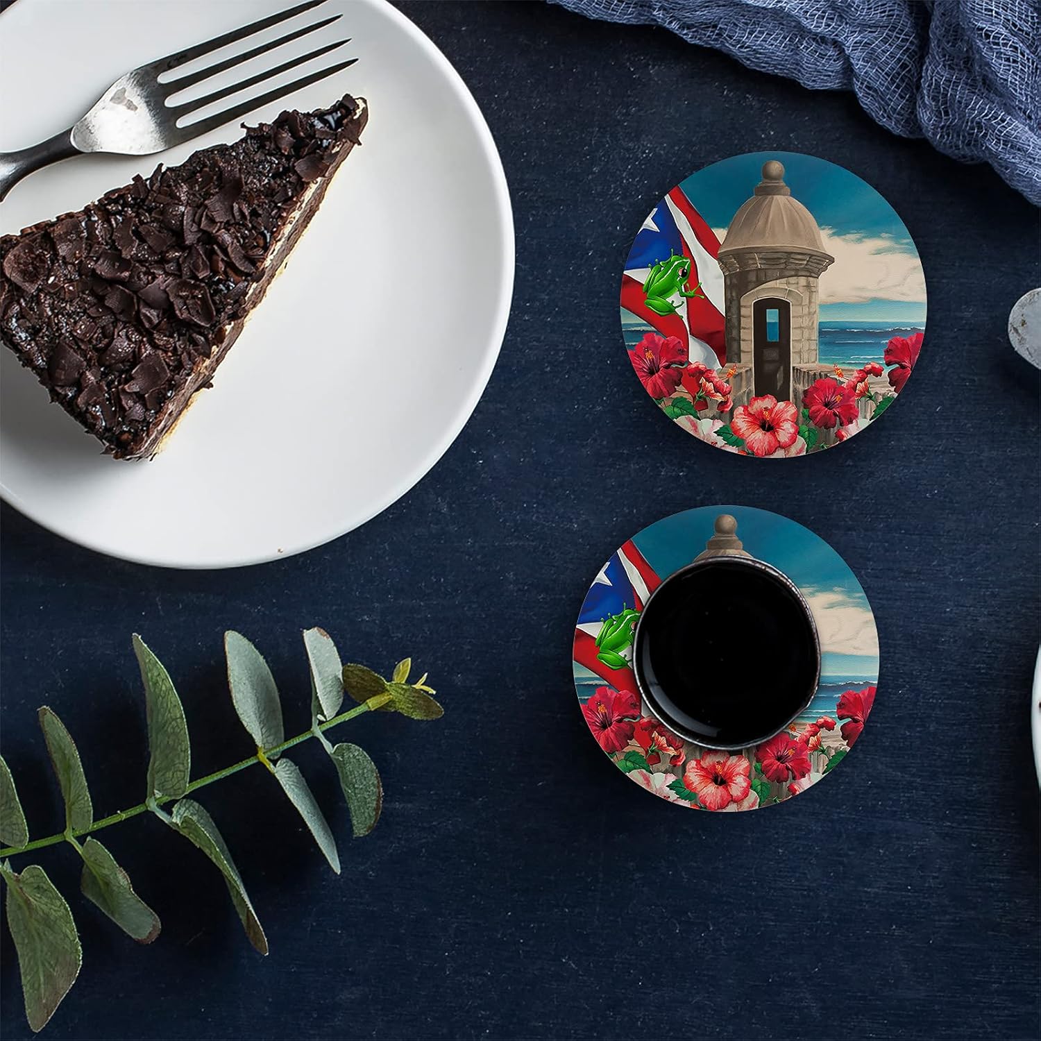 Juego de 4 posavasos para bebidas de Puerto Rico con soporte para tazas, posavasos de cerámica absorbente con parte trasera de corcho, uso como