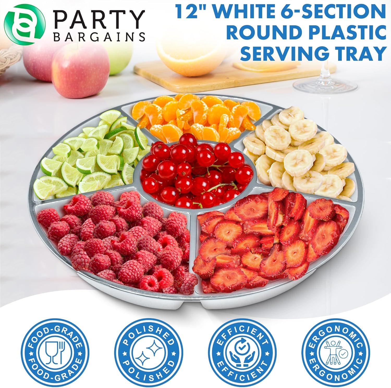 PARTY BARGAINS Bandeja redonda de plástico de 6 secciones, 12 pulgadas, color blanco con borde plateado, paquete de 1, platos reutilizables para