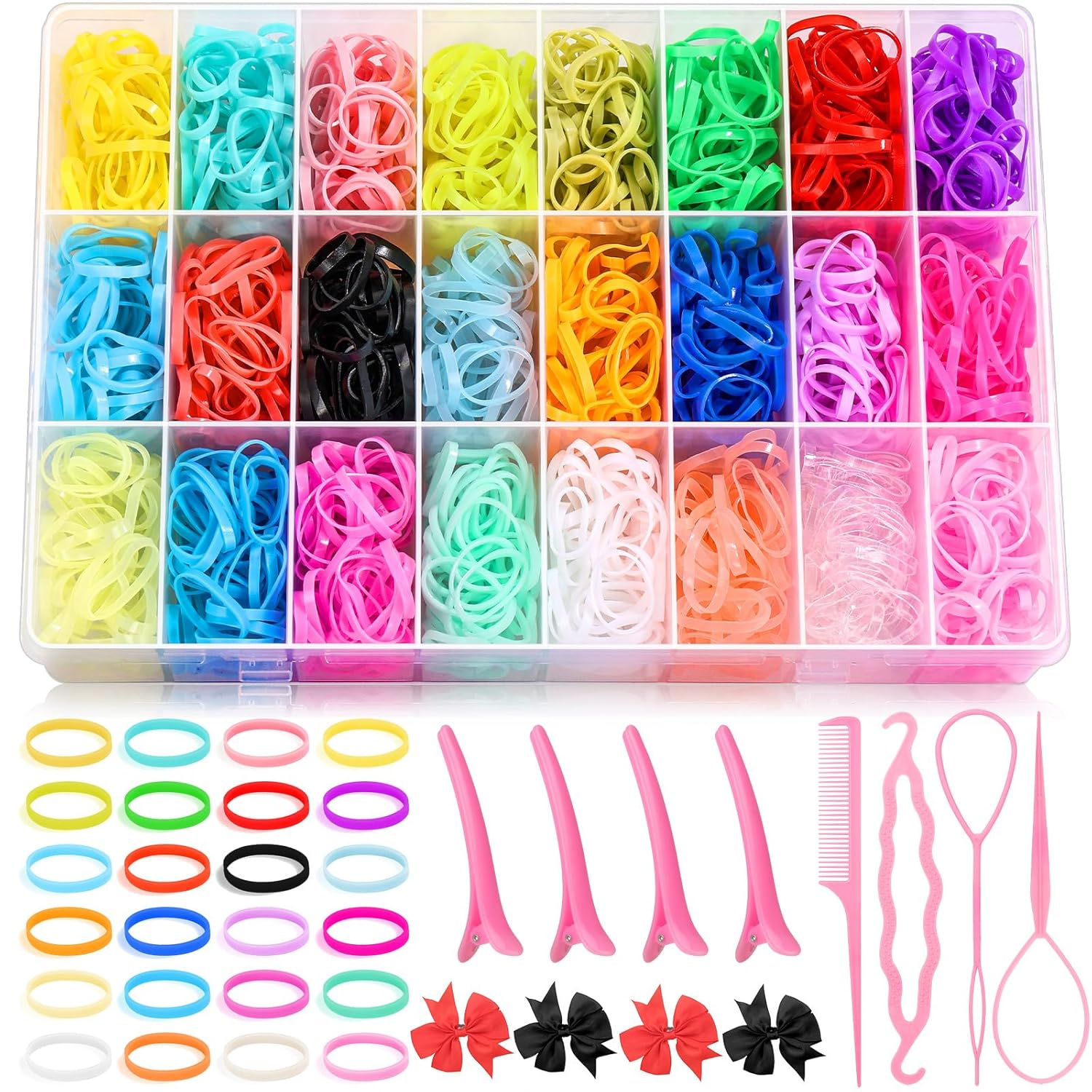 Bandas de goma de 24 colores para el cabello con herramientas de peinado del cabello, 1500 unidades de bandas elásticas para el cabello con