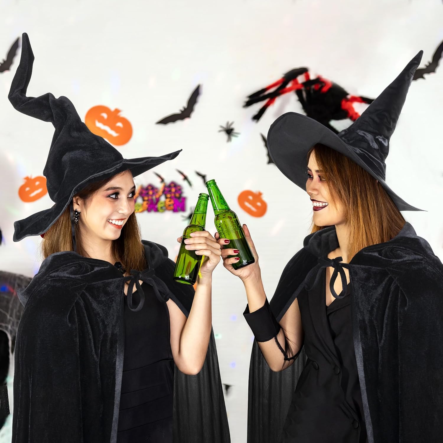 Enhon Conjunto de disfraz para Halloween, capa con capucha y sombrero de bruja, capa de terciopelo negro y sombrero de mago malvado para mujer,