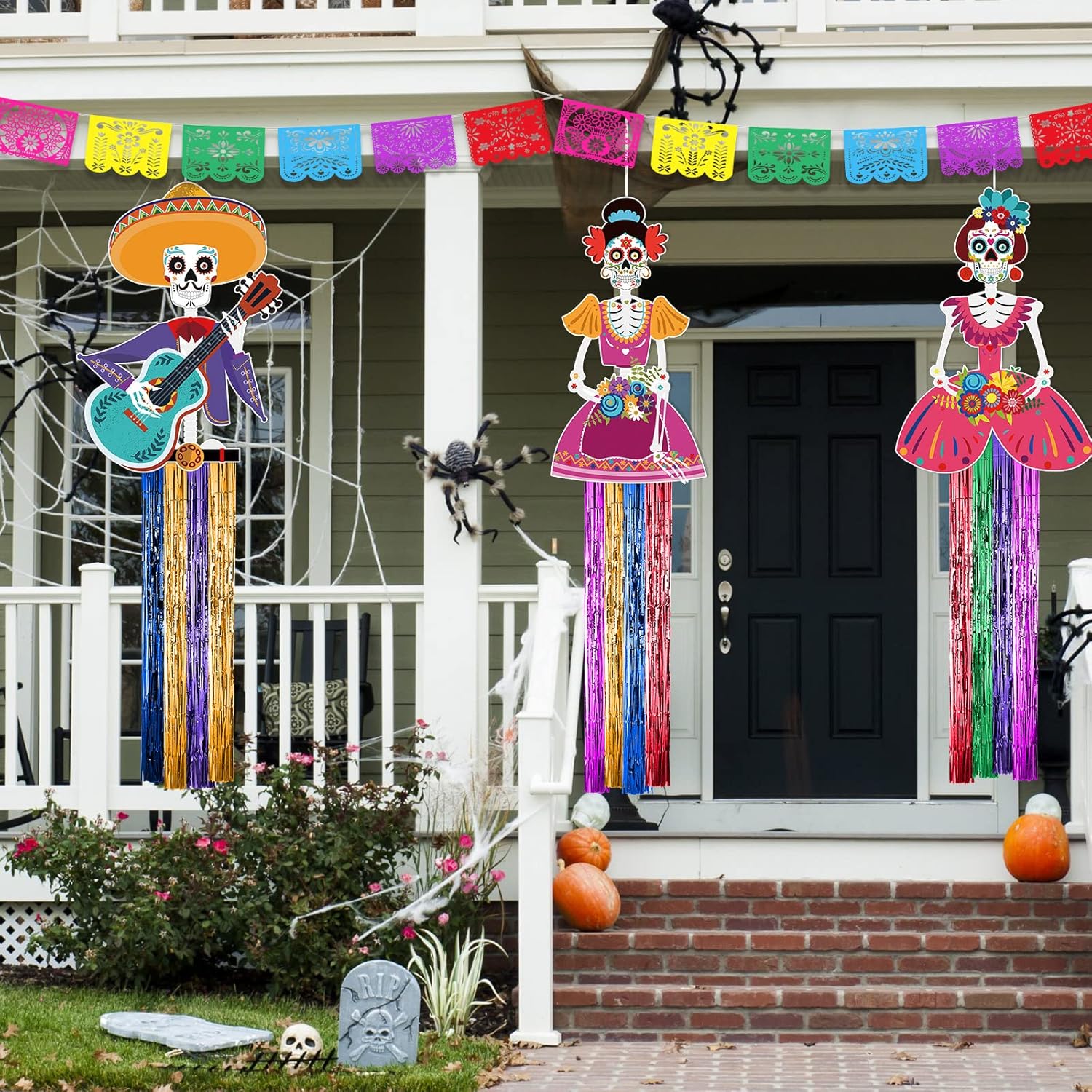 TaoBary Juego de 15 decoraciones del Día de los Muertos de 34 pulgadas, decoración colgante de calavera de azúcar de 16.4 pies, pancartas de papel