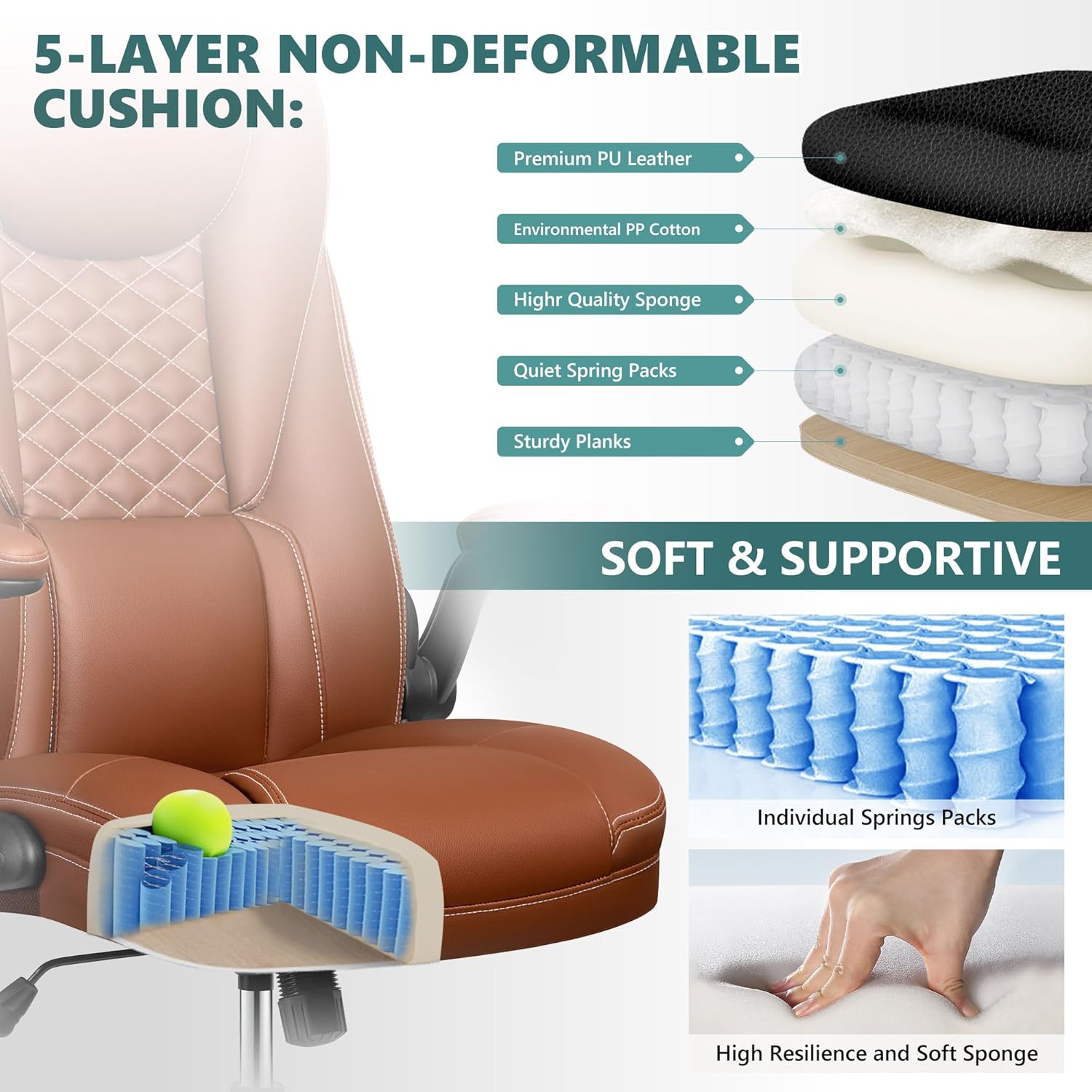 Silla de oficina, silla de oficina grande y alta, silla de oficina ejecutiva, silla ergonómica de cuero con soporte lumbar, sillas de escritorio