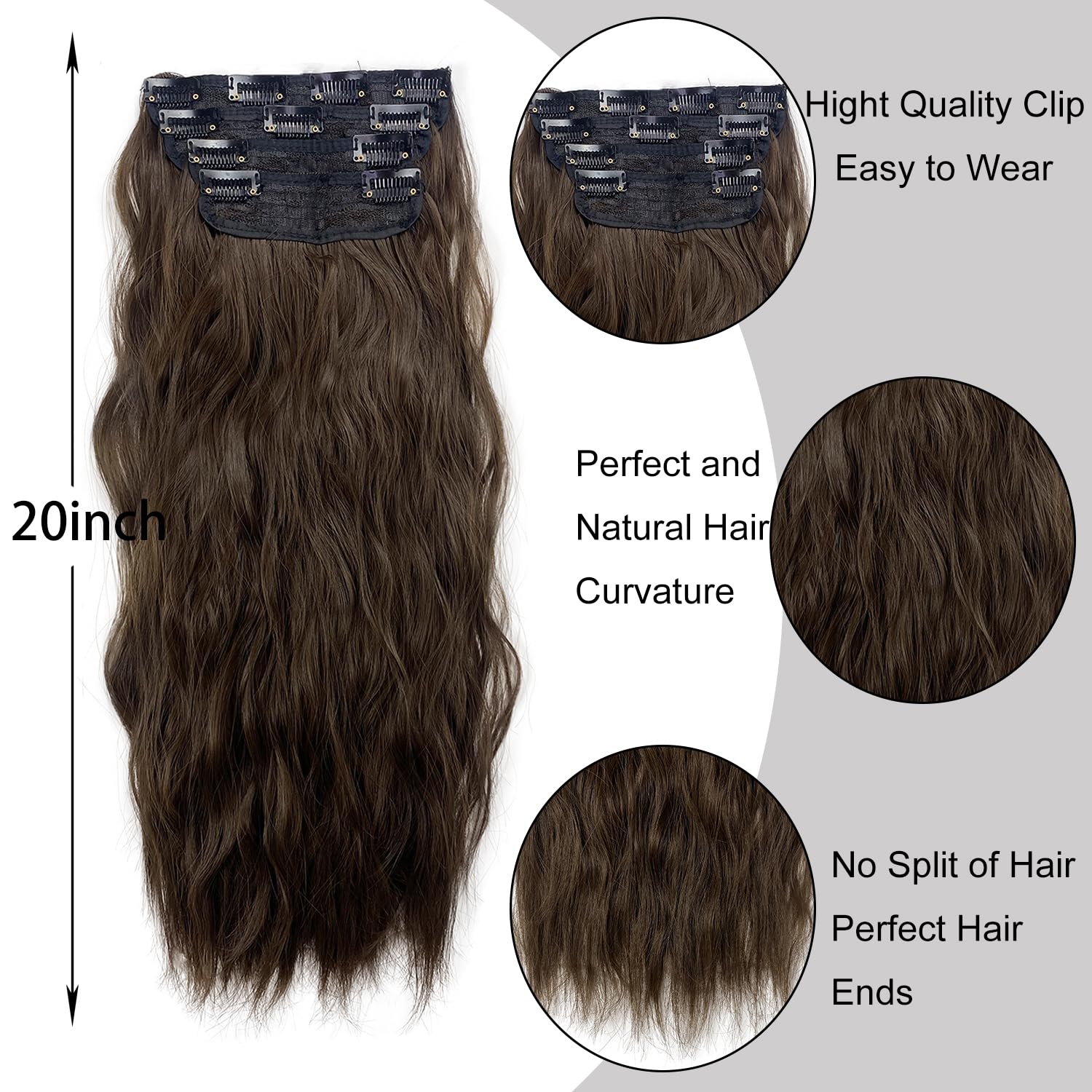 MIMISERVICE Extensiones de cabello con pinzas, extensiones de cabello largo ondulado castaño castaño castaño 4 piezas gruesas, fibra de doble trama