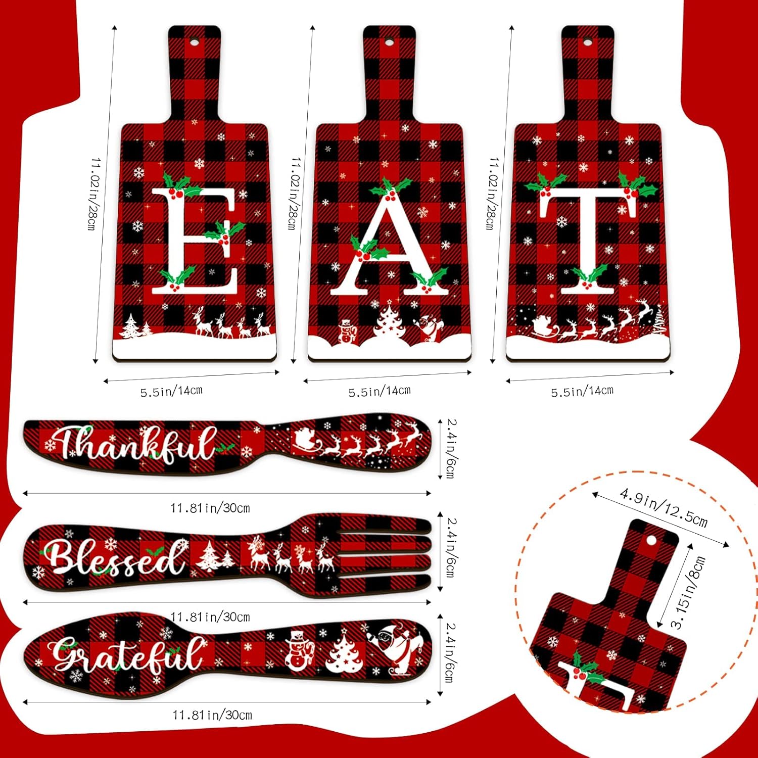 clothmile 6 piezas de tabla de cortar de Navidad, letrero de comer, cuchillo, cuchara y tenedor, decoración de pared a cuadros de búfalo, decoración