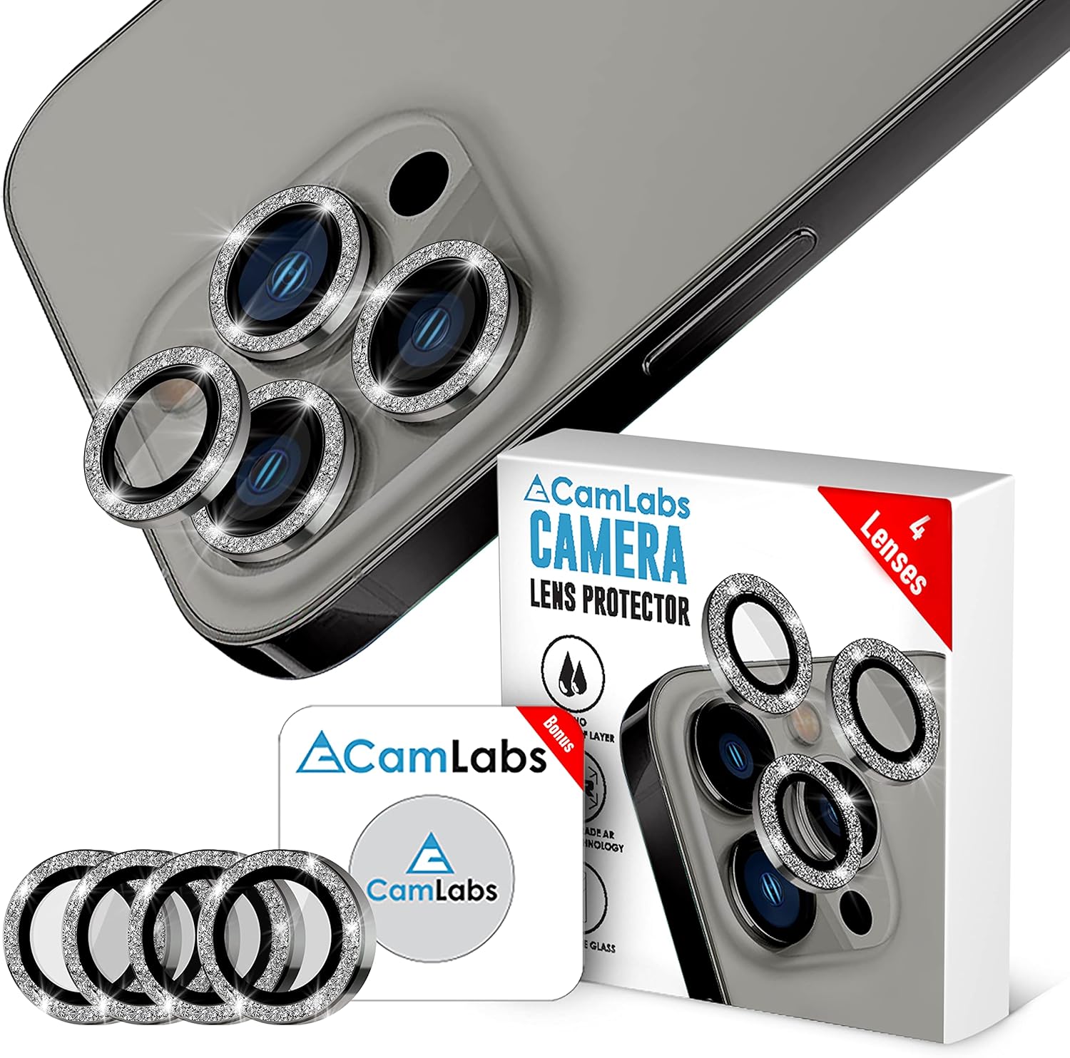 3+1 Protector de lente de cámara CamLabs iPhone 13 Pro y iPhone 13 Pro Max  Juego de 4 piezas antiarañazos, vidrio templado de dureza 9H, compatible