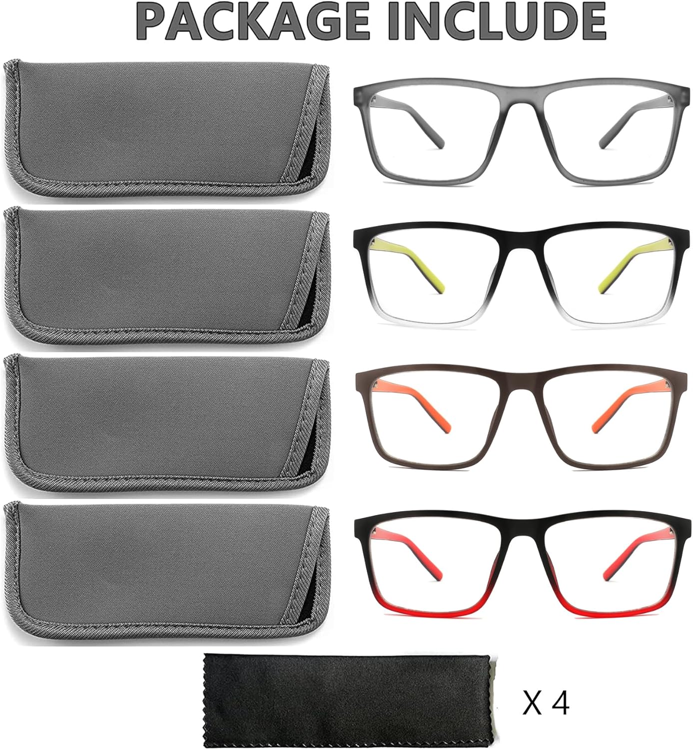 mrbobmslee Paquete de 4 lentes de lectura de gran tamaño para hombres, lectores de computadora con bloqueo de luz azul, anti rayos UV, fatiga